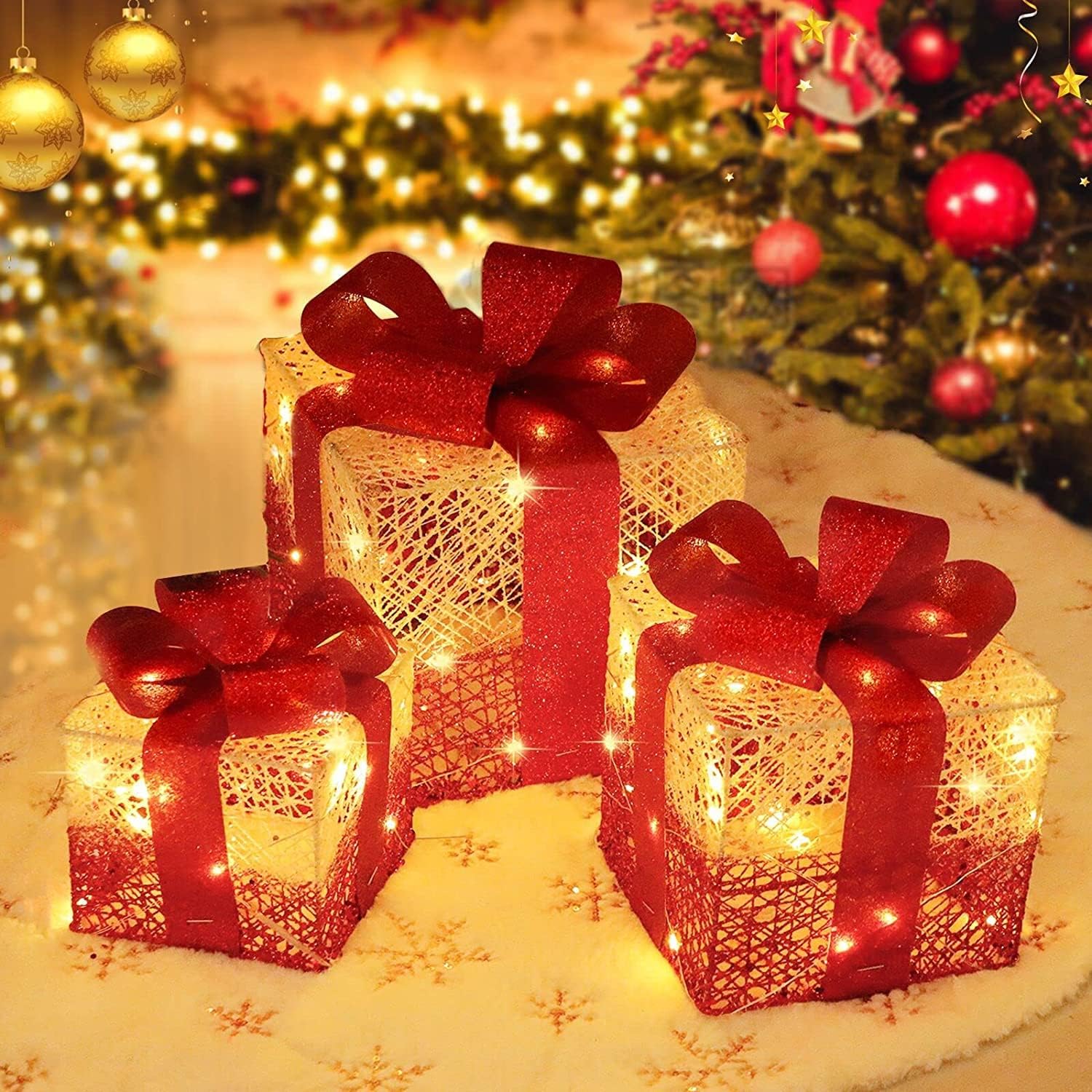 Cadeaux de Noël Lumineux, décorations extérieures, Lot de 3 boîtes