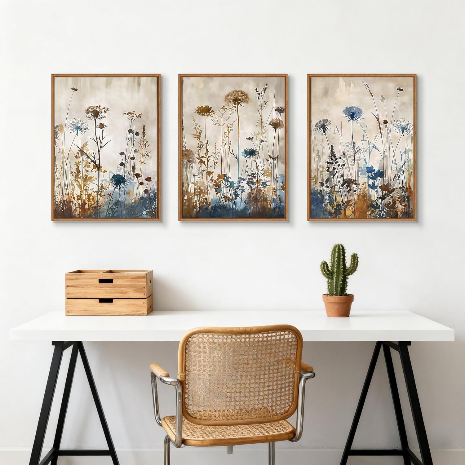 WENGTIAO 3Pcs Vintage Framed Canvas Wall Art Prints Flowers Posters Pictures Boho Brown Blue Blooms Paintings Nature Floral Botanical Artwork for Living Room Bedroom Bathroom Office 16x24x3