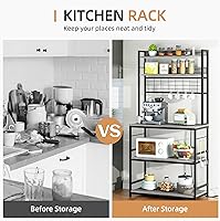 Vista 5 de Shintenchi Estante de panadero con toma de corriente, gran espacio de almacenamiento, 10 ganchos, barra de café con panel de alambre metálico