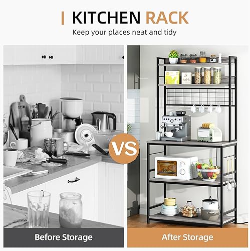 Miniatura 5 de Shintenchi Estante para panaderos con toma de corriente, gran espacio de almacenamiento, barra de café de 10 ganchos con panel de alambre de metal,