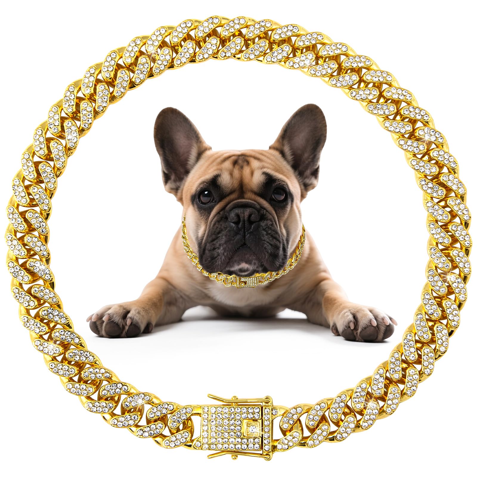 Cuban Link Dog Collar Gold Crystal Dog Necklace Metal Chain Collar with Design Secure Buckle Pet Collar Jewelry Accessories for Small Medium Large