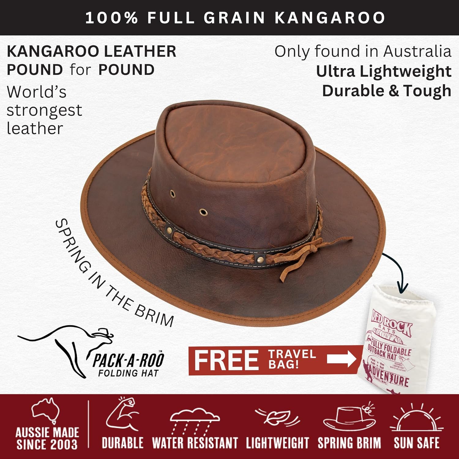 1078 Kangaroo Classic - Australian Outback Hat - Kangaroo Leather, Aussie Made, Foldable, Free Travel Bag - Image 3