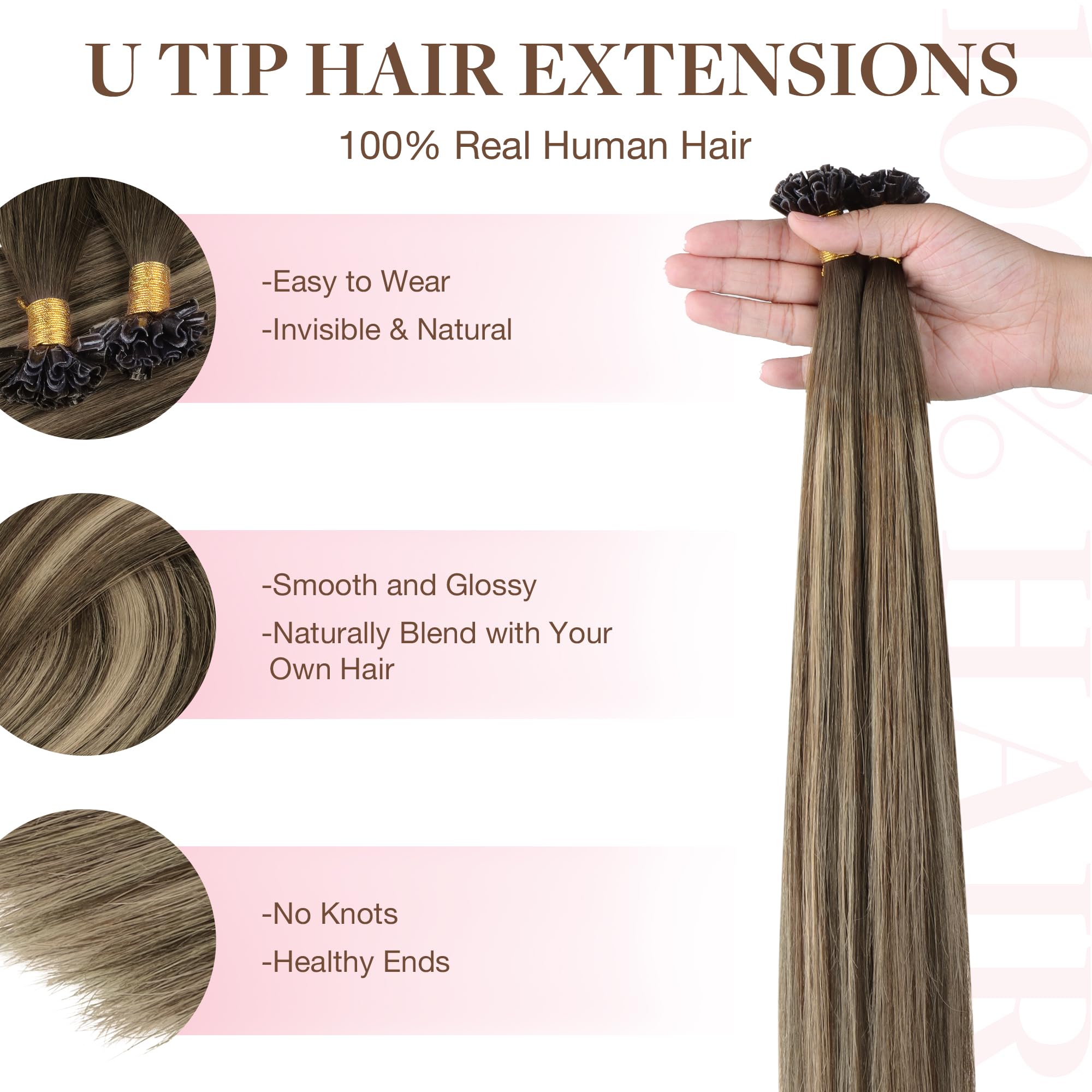 GOO GOO U Tip Hair Extensions Real Human Hair,Balayage Chocolate Brown to Honey Blonde 50g 14inch 50 Strands Hot Fusion Keratin Hair Extensions - Image 2