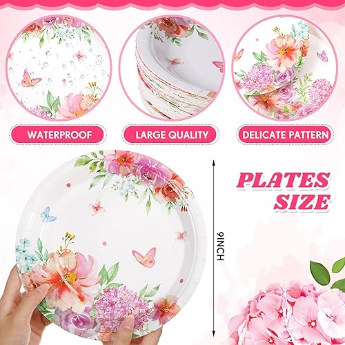 Miniatura 2 de Zopeal 60 platos de papel de mariposa floral de 9 pulgadas, platos de cena de flores de primavera rosas, para fiesta de cumpleaños, fiesta de té,