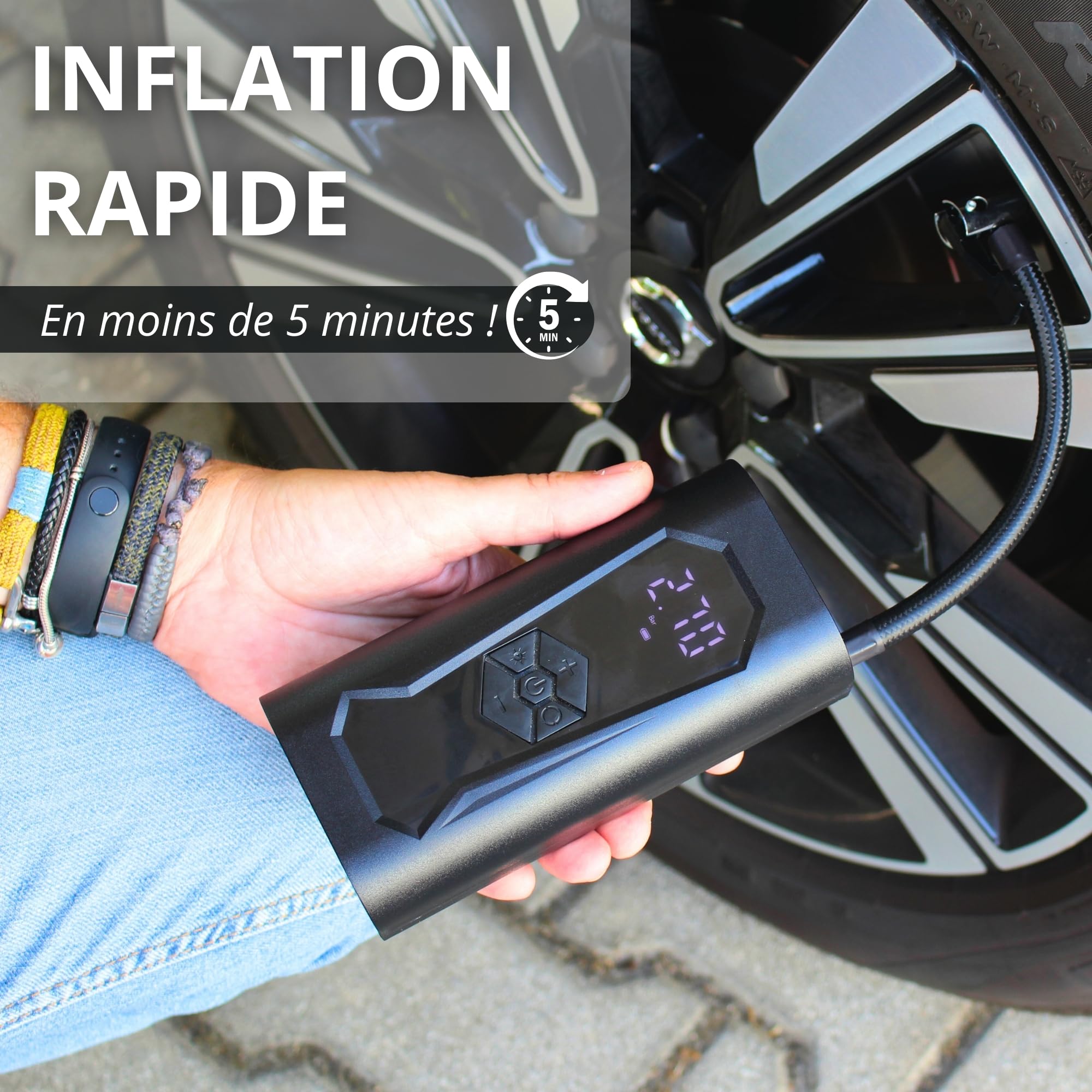Goodyear Compresseur Portable Rechargeable sans Fil 6 000 Mah, 5 en 1 : Gonflage, Dégonflage, Mesure de Pression, Batterie Externe, Lampe Torche à 6 LED, Accessoires Inclus, Prise Allume-Cigare