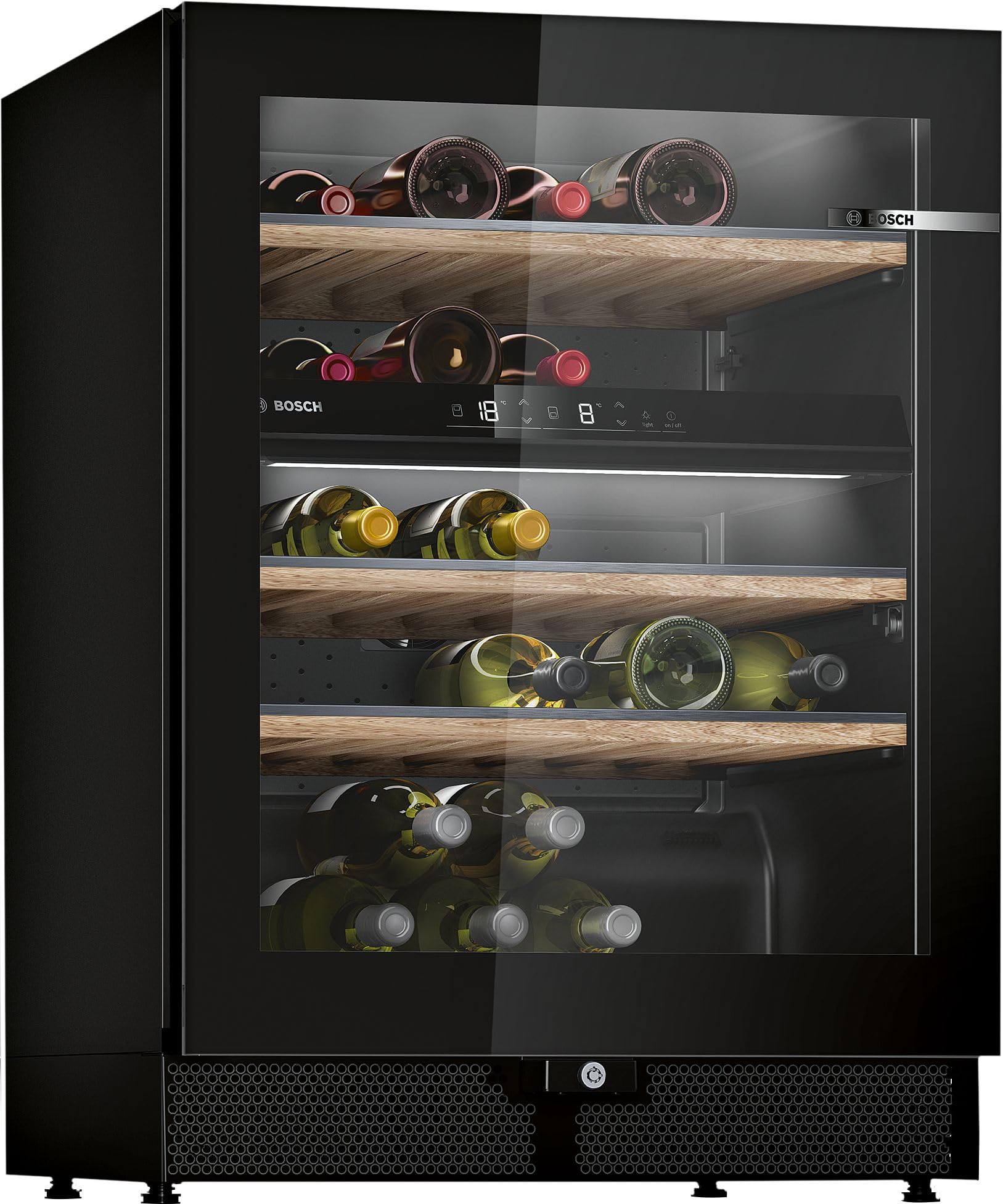 Bosch KWK16ABGB - Frigorifero per vino serie 6, 81,8 x 60 cm, 44 bottiglie, temperatura: 5 – 20 °C, due zone di temperatura, 120 l, due intervalli di temperatura; illuminazione a LED; scaffali in