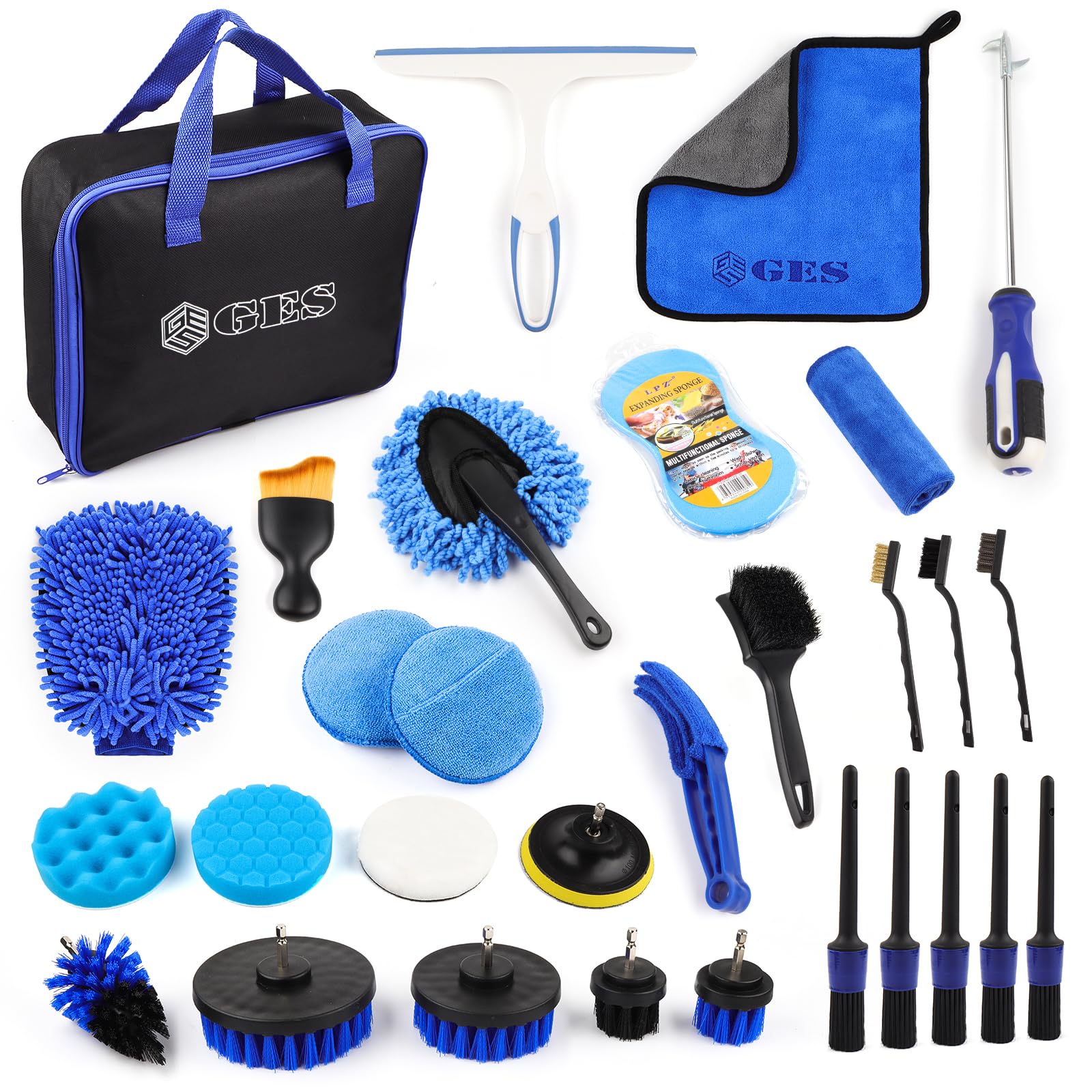 GES Kits de Nettoyage de Voiture, kit de Nettoyage de Voiture 30 pièces, kit de Lavage de Voiture pour Roues, intérieur, extérieur, Cuir, aérations et Nettoyage du Tableau de Bord (Bleu)
