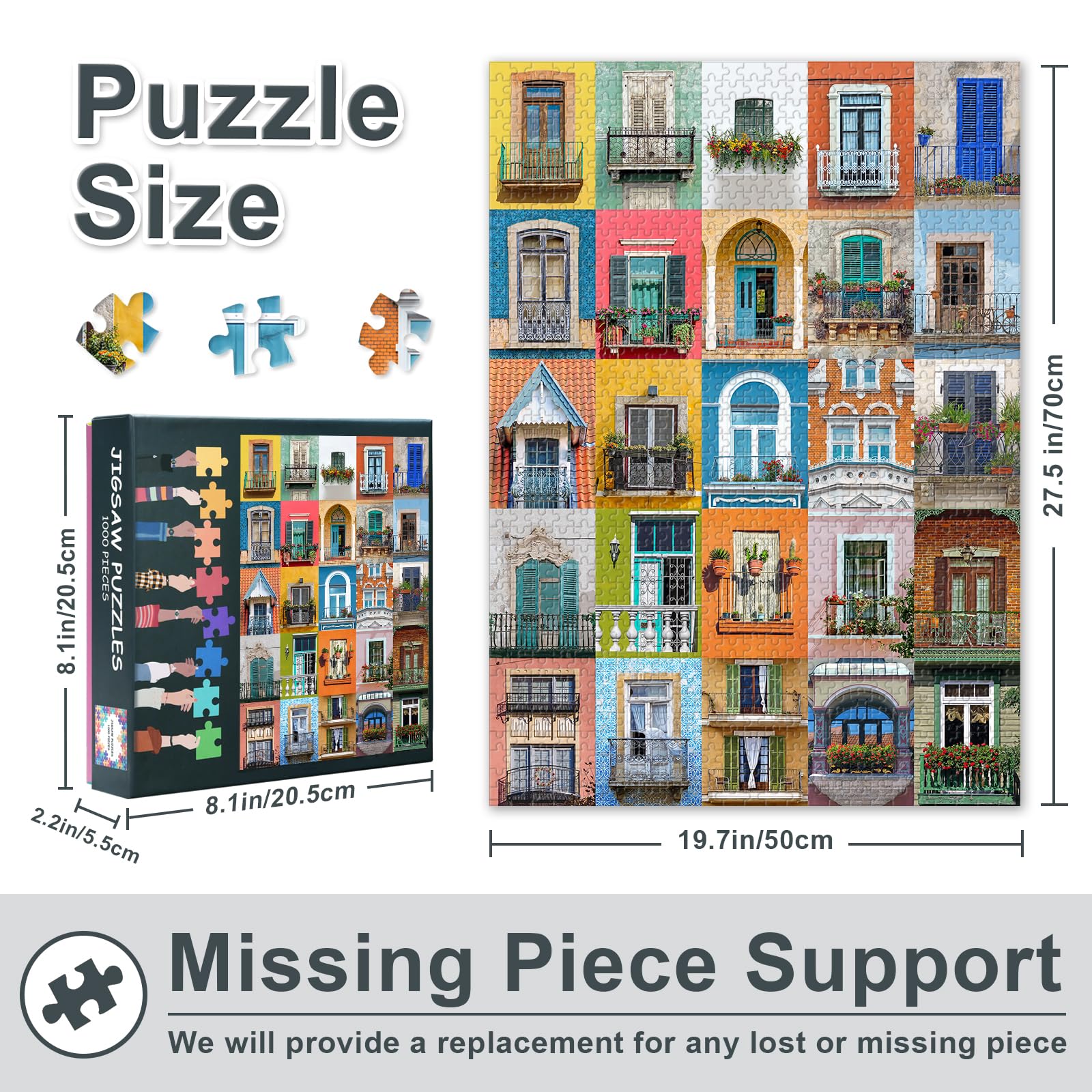Collage of Balconies Puzzles for Adults 1000 Pieces Difficult Challenging Balcony Window Jigsaw Puzzles for Adults Collage of Windows Puzzle Perfect for Family Game Night 27.5"X19.7" - Image 3