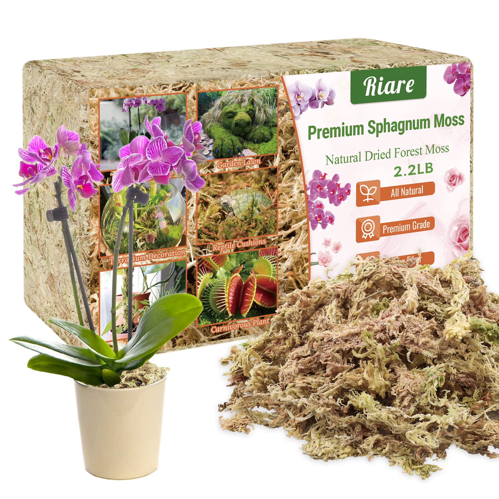 Riare 1kg Sphaigne pour Plante Naturelle Compressé Sphaigne pour Orchidées Mélange pour Pot - pour la Culture de Plantes à la Maison,Fée Jardins (1kg)