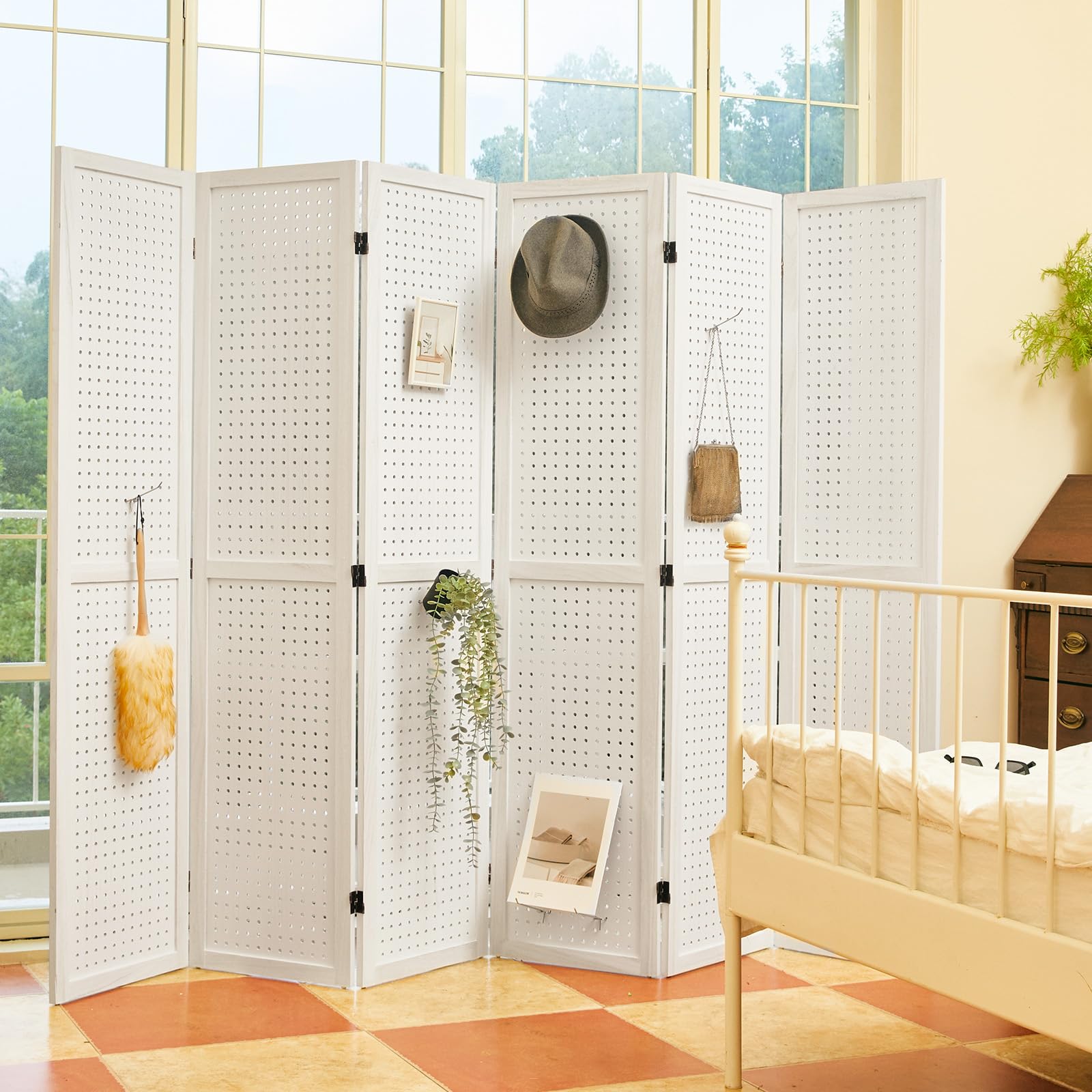 Pegboard Display, 5.6Ft Wooden Room Divider Folding Privacy Screens Portable Freestanding Wall Organizer for Retail Craft Art Display Board (6panels, White)