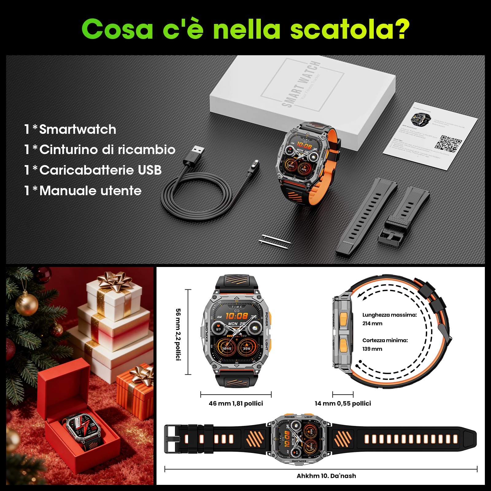 Smartwatch Uomo, 1000mAh(Durata 25 Giorni), 2.01" Orologio Smartwatch Militare con Torcia/Chiamate Bluetooth/Notifiche Messaggi/Frequenza Cardiaca/Sonno/100+ Sportive, Smart Watch per Android iOS