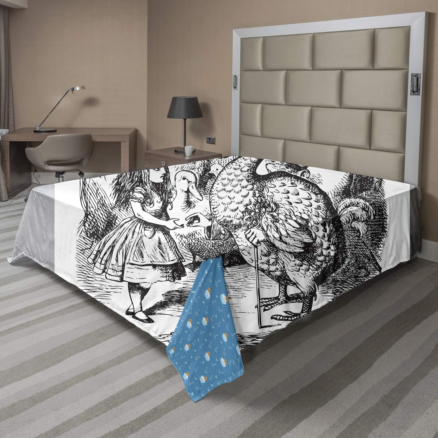 Ambesonne Alice Flat Sheet, Alice in Wonderland with Dodo Animal Adventures Big Bird Sketch Theme, Soft Comfortable Top Sheet Decorative Bedding 1 Piece, Queen Size, White and Black