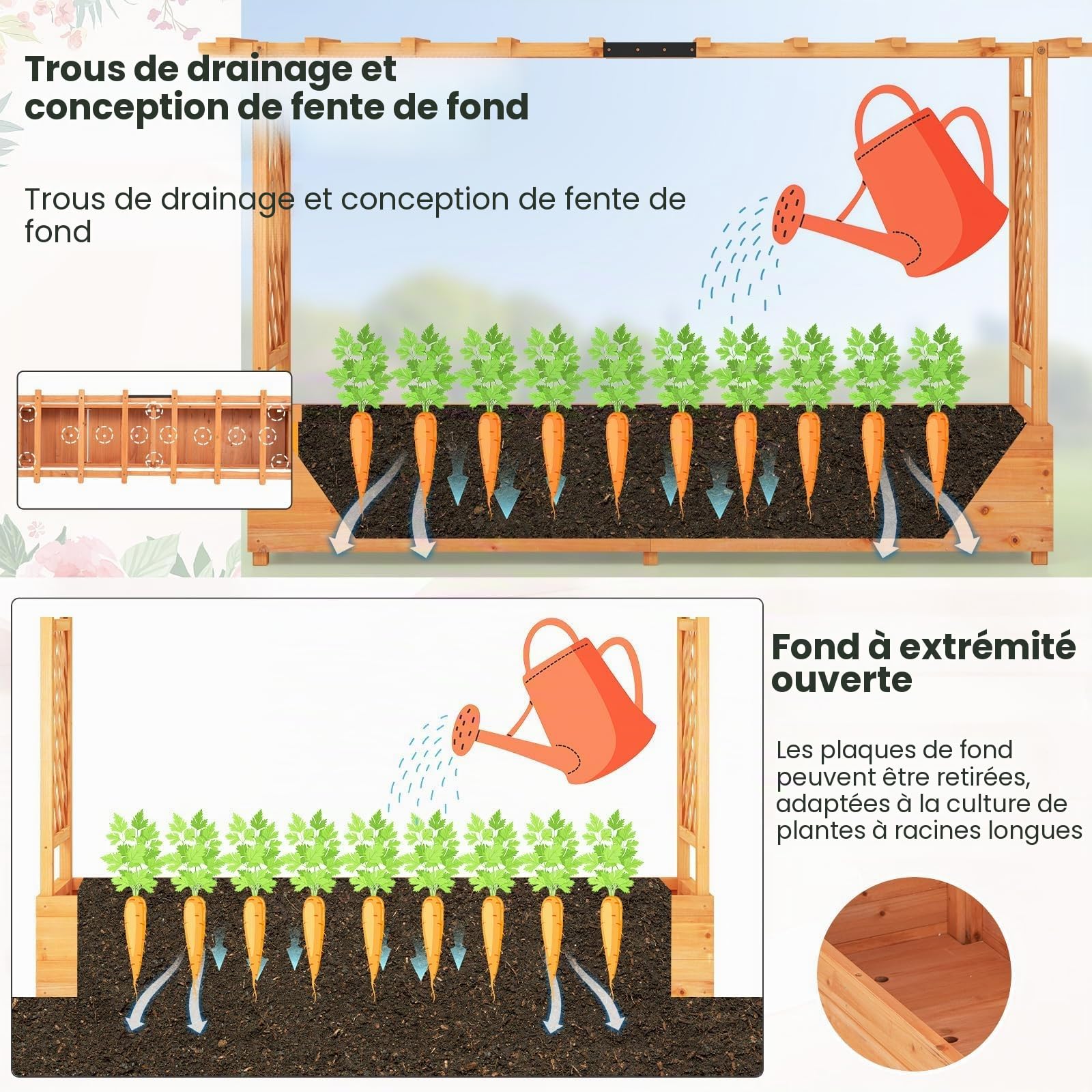 FANTASK Jardinière surélevée avec Treillis et Toit Suspendu, bac à Plantes avec tuteur, bac à Fleurs pour Plantes grimpantes et paniers Suspendus, Orange (200 x 44 x 114 cm)