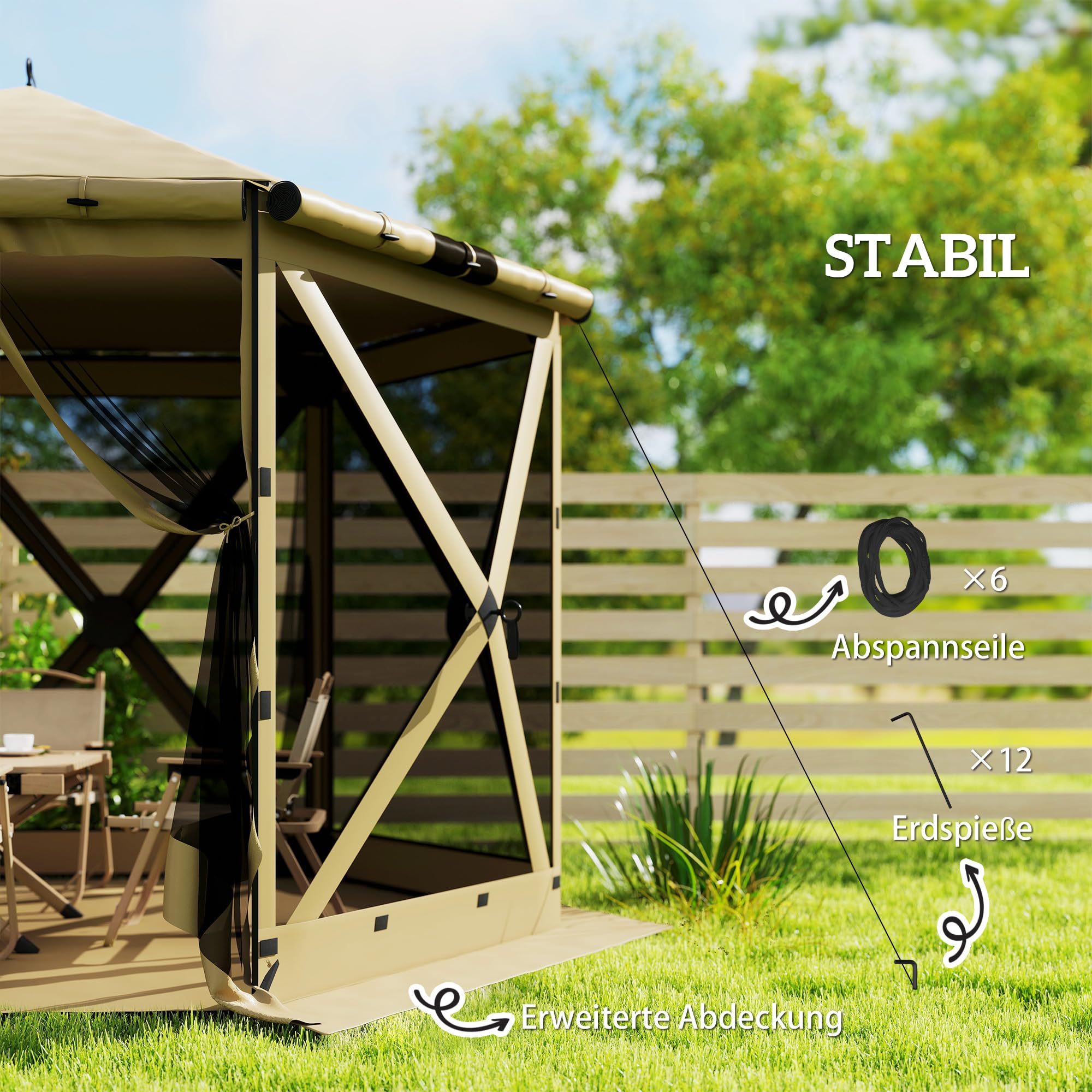 Outsunny 3mx2.6m Gazebo Esagonale con Tappeto impermeabile Cachi