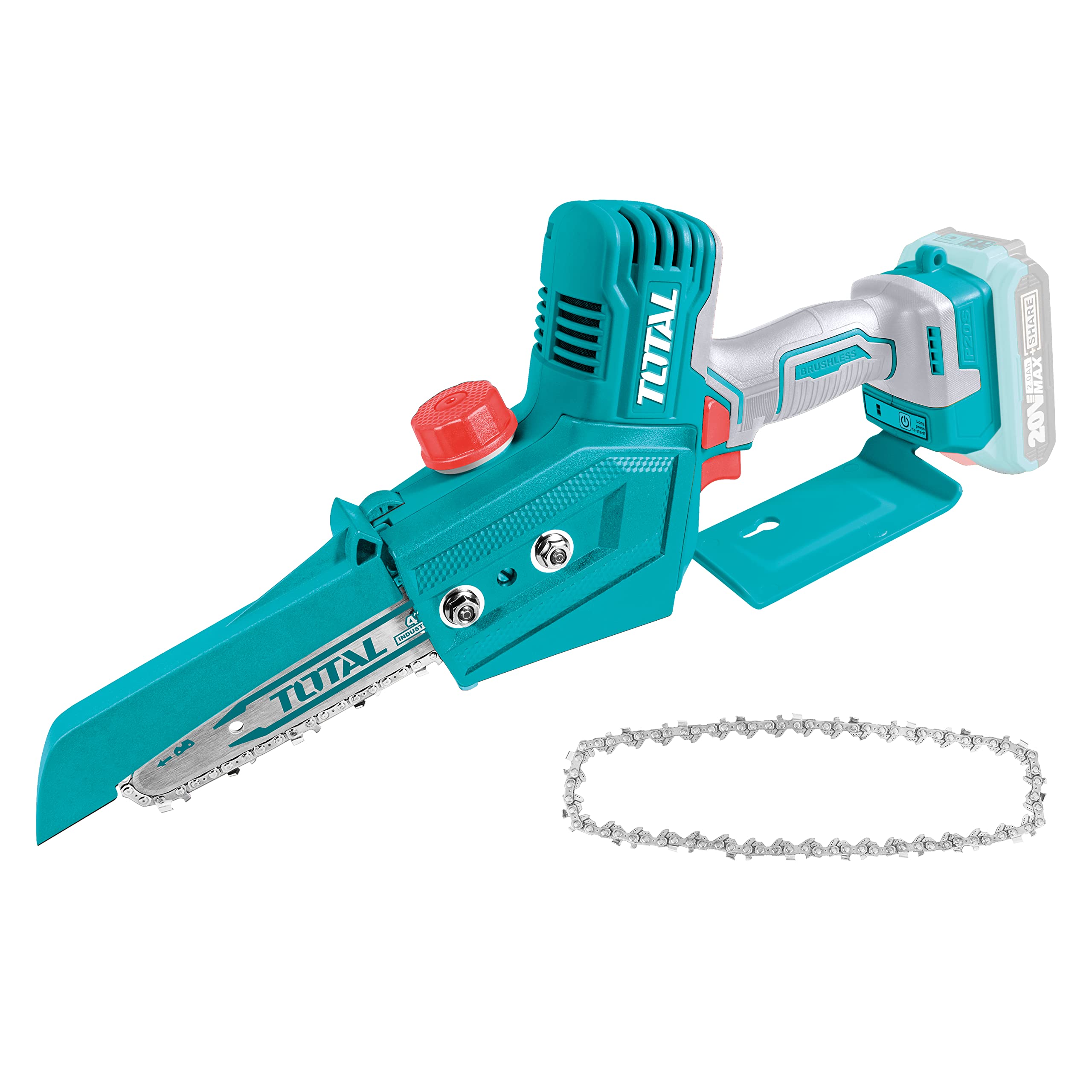 TOTAL - Sierra Mini de Cadena a Batería P20S de 20 V - Motor Brushless - Inalámbrica - Herramienta para Cortar Madera - Para Jardinería - Incluye Espada y Cadena