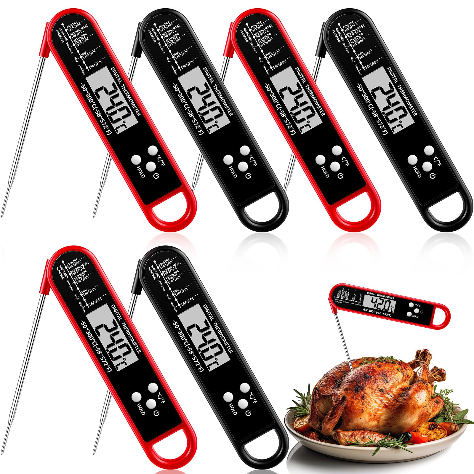 Xuhal 6 termómetros digitales de alimentos para cocinar a la parrilla, termómetro de lectura instantánea para carne, día de Acción de Gracias, cocina, barbacoa, termómetro impermeable con sonda
