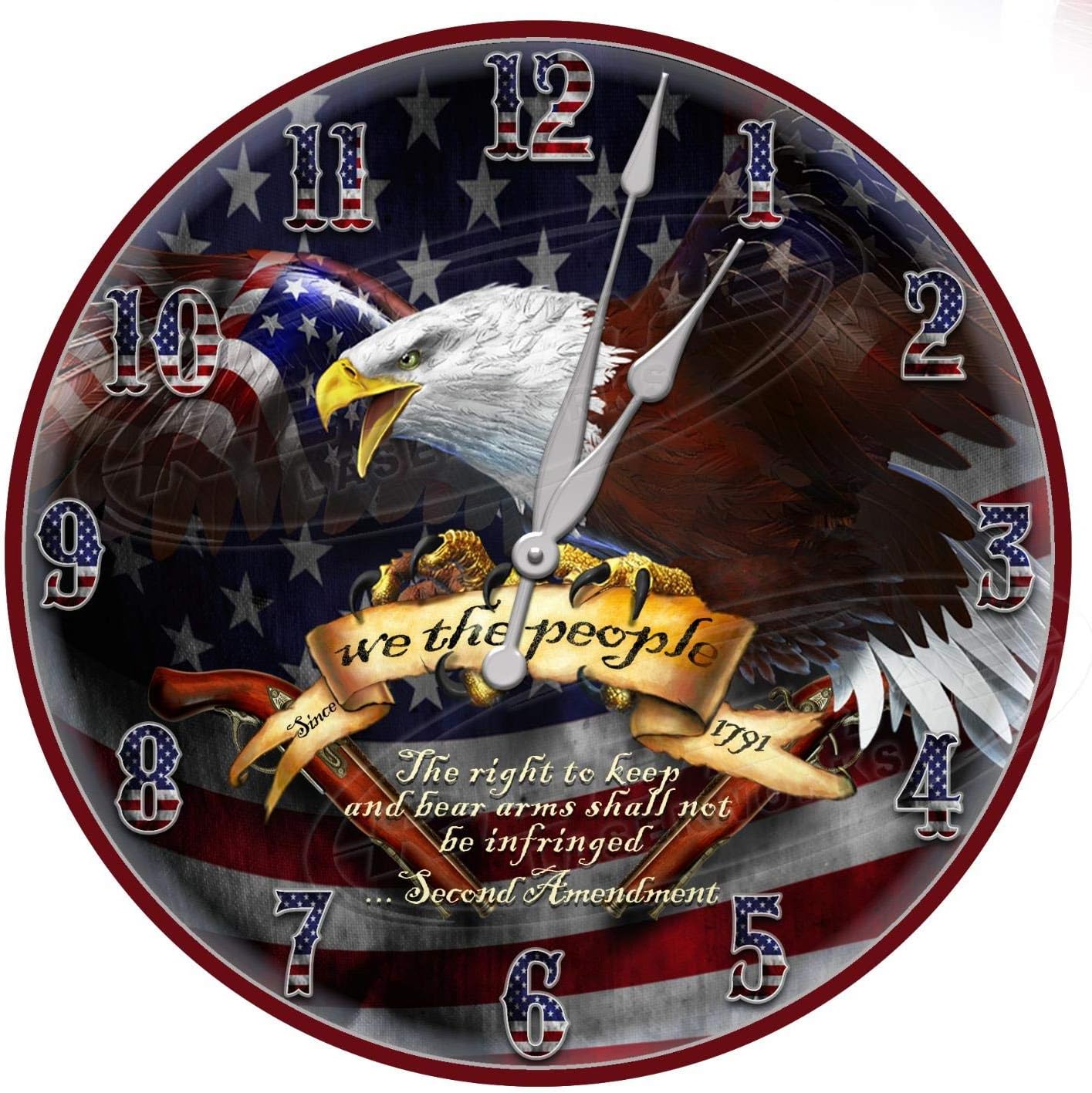 Second Amendment American Eagle 12" Diameter Aluminum Metal Round Wall Clock