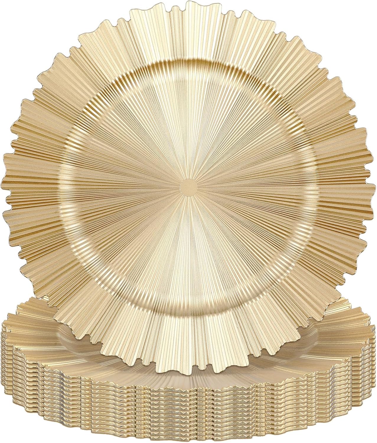 Mifoci 12 Pcs Champagne Gold Charger Plates Bulk 13 Inch Plastic Round Chargers Fluted Edge Dinner Plate Wedding Decoration for Table Setting Wedding Party Event Tabletop Champagne Gold 12