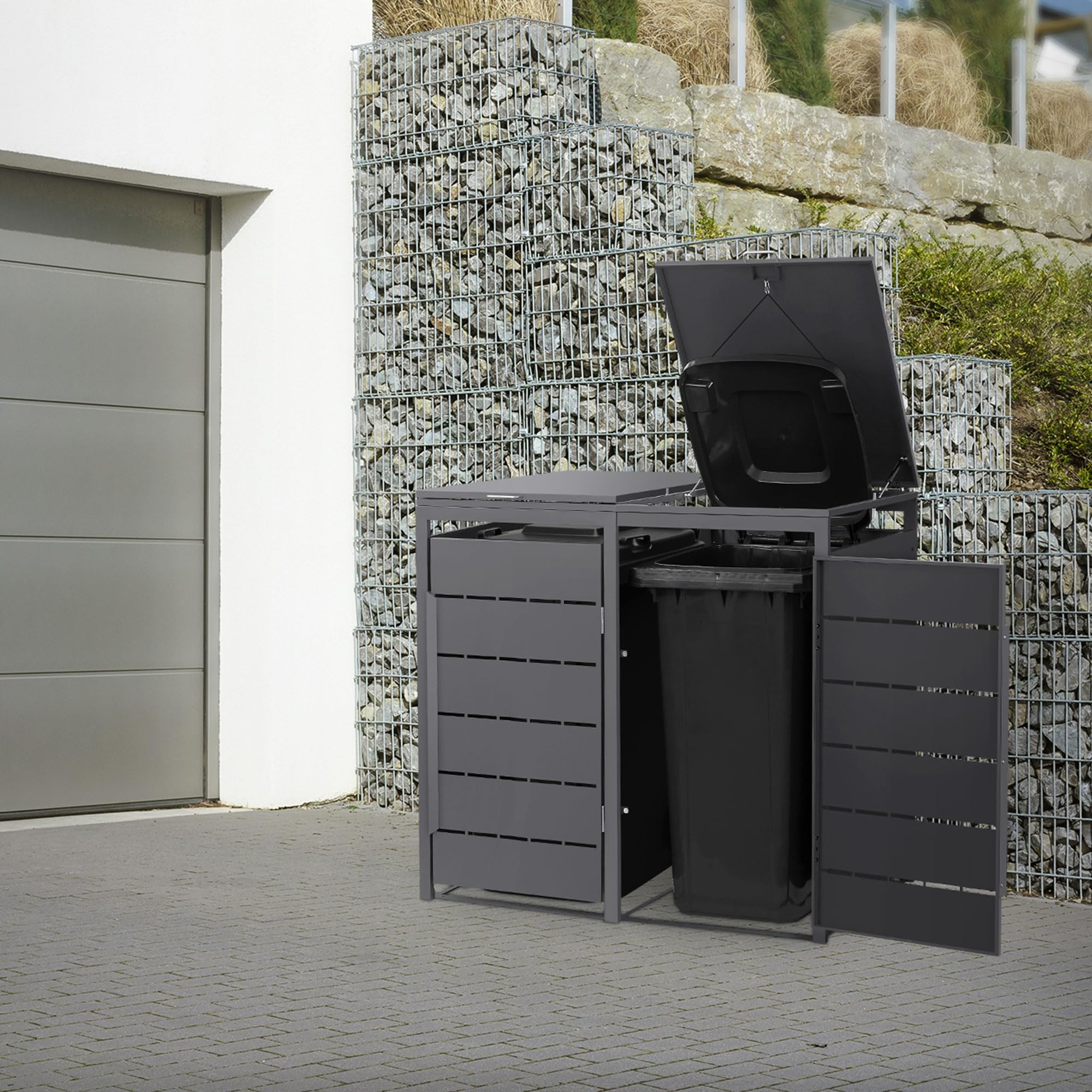 ML-Design Copribidone da Spazzatura per 2 Bidoni 240L, 132x80x120 cm, Antracite, in Acciaio, Resistente alle Intemperie, Cassonetto per Rifiuti con Coperchio e Porta, Deposito per Bidoni da Esterno