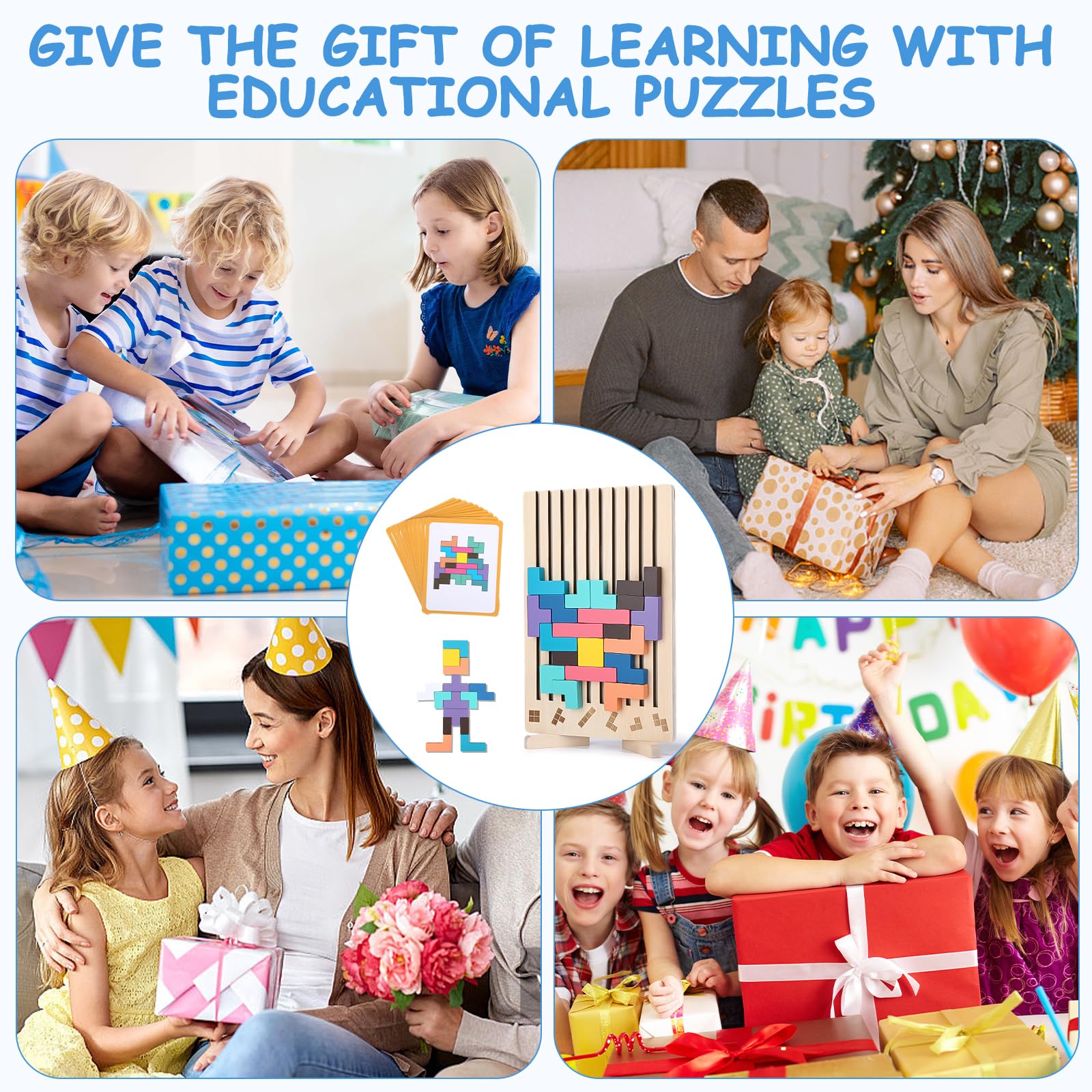 Drewniana gra Tetris, gry Montessori dla dzieci w wieku 3, 4, 5 i 6 lat, drewniane puzzle, drewniane puzzle 3D Montessori, drewniane puzzle z klockami do układania w stosy i 10 kartami, kolorowe