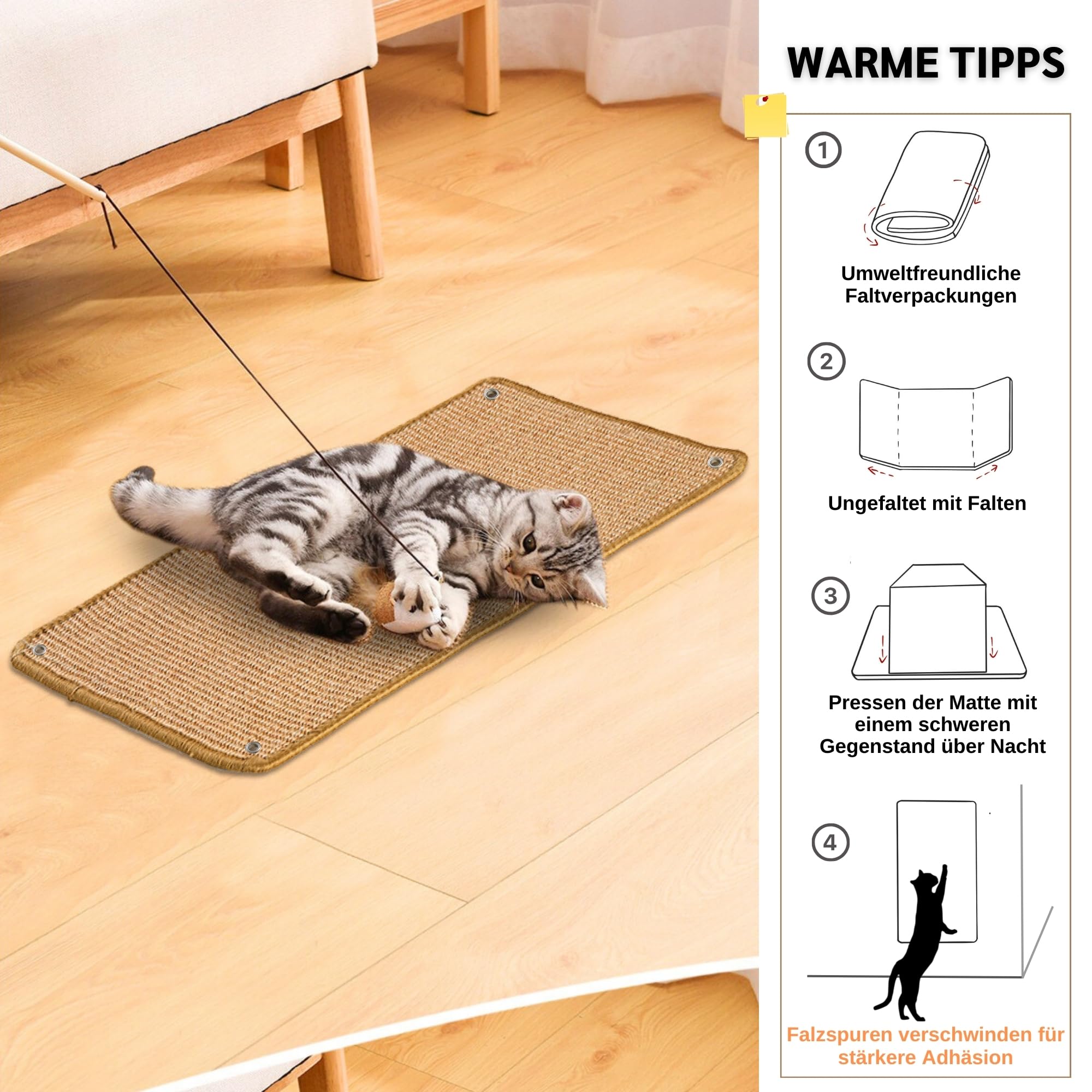 JanYoo 2 Stück Kratzmatte aus Sisal, Kratzmatte für Katzen, mit Klebeband, Katzenkratzmatte, Teppich zum Schutz der Wand, 60 × 25 cm (Braun)