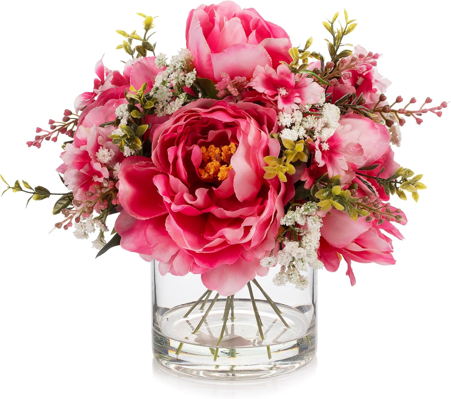 ENOVA FLORAL Artificial Silk Flower Arrangement with Vase,Mixed Artificial Silk Peony Flower in Vase for Decoration Home Office, Wedding Centerpiece (Fushia)