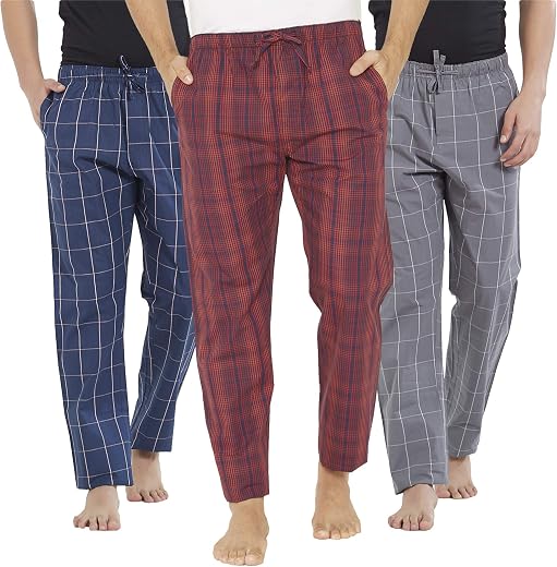 XYXX Men's Super Combed Cotton Checkered Checkmate Pyjamas [Pack of 3] Elasticated Waist, Drawstring | Loungewear for Men ...