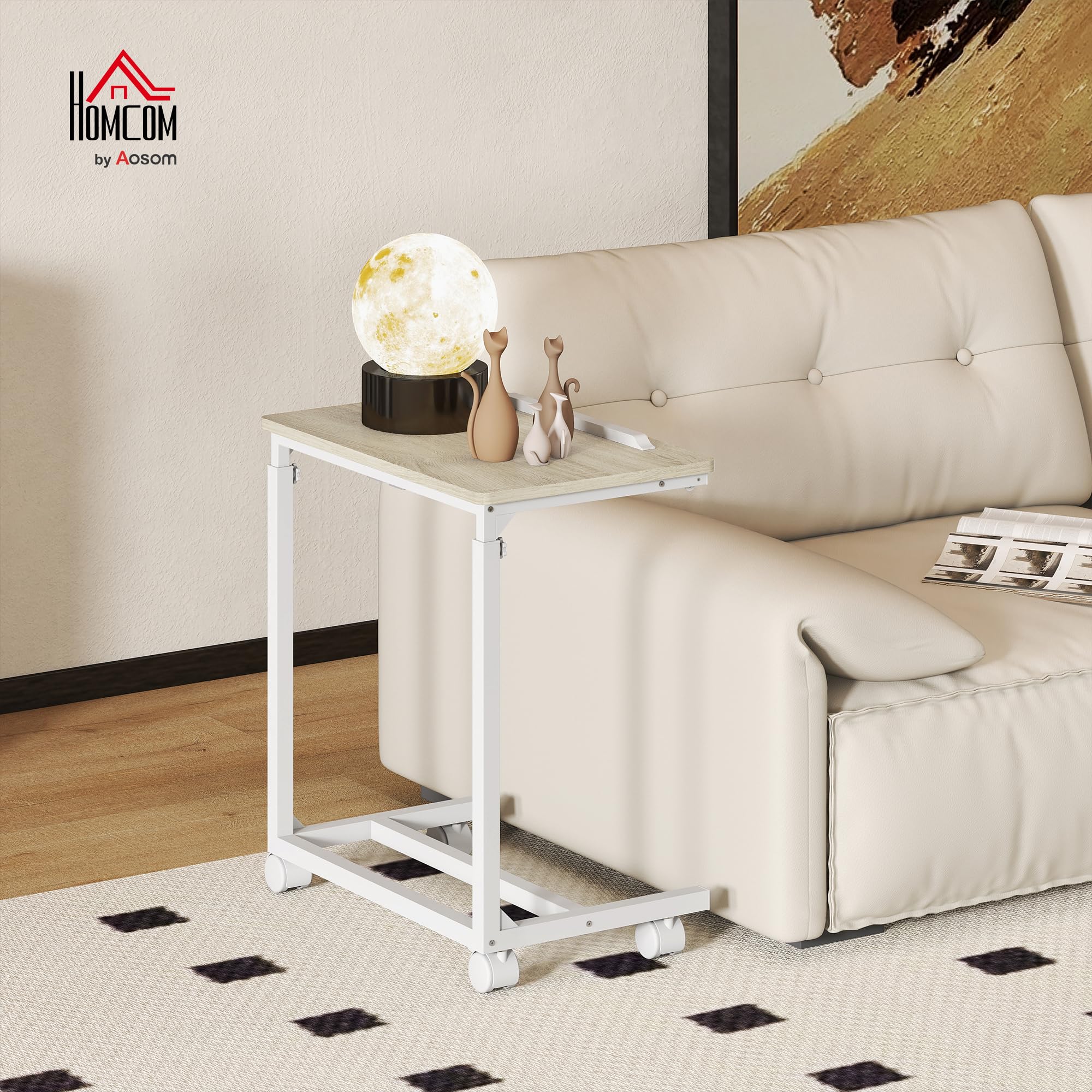 HOMCOM Tavolino Salotto ad Altezza Regolabile con Piano Inclinabile e 4 Ruote, Tavolino Porta PC in Legno e Metallo, Tavolino Laterale per Camera da Letto e Soggiorno, 55x36x62.5-82.5 cm, Rovere