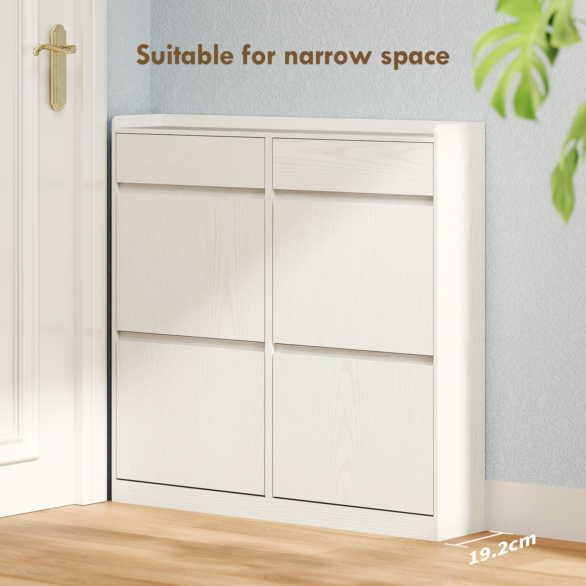 HOMCOM Scarpiera Salvaspazio Slim Porta Scarpe 98x19.2x95.3 cm Bianco | 4 Ante a Ribalta, Scarpiera Ingresso, 2 Cassetti Scorrevoli in Legno, per 8 Paia