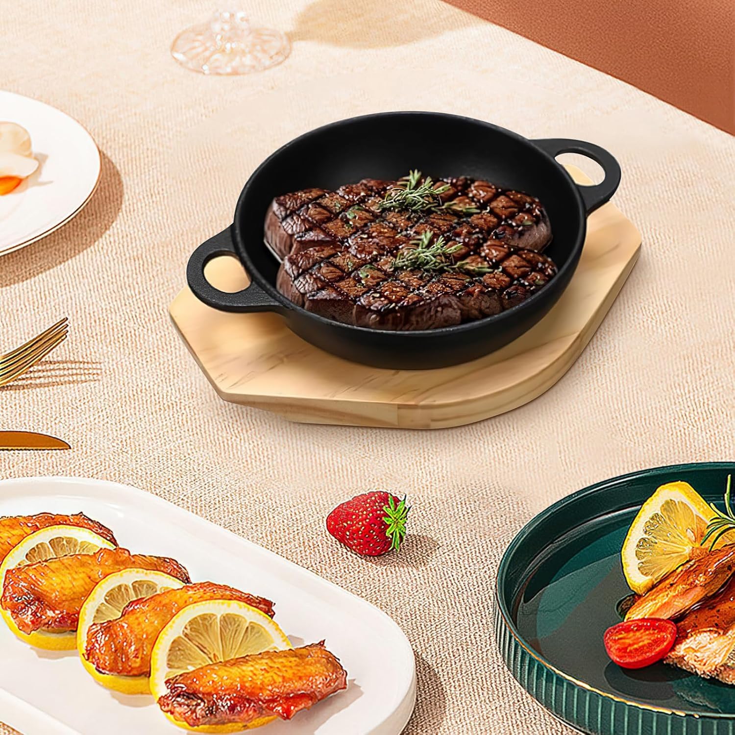 4 padelle piccole in ghisa con 2 manici, padella in ghisa da 16 cm, con vassoio da portata in legno, padella rotonda in ferro, mini teglia gratin, pentole per cuocere, cucinare e Bra