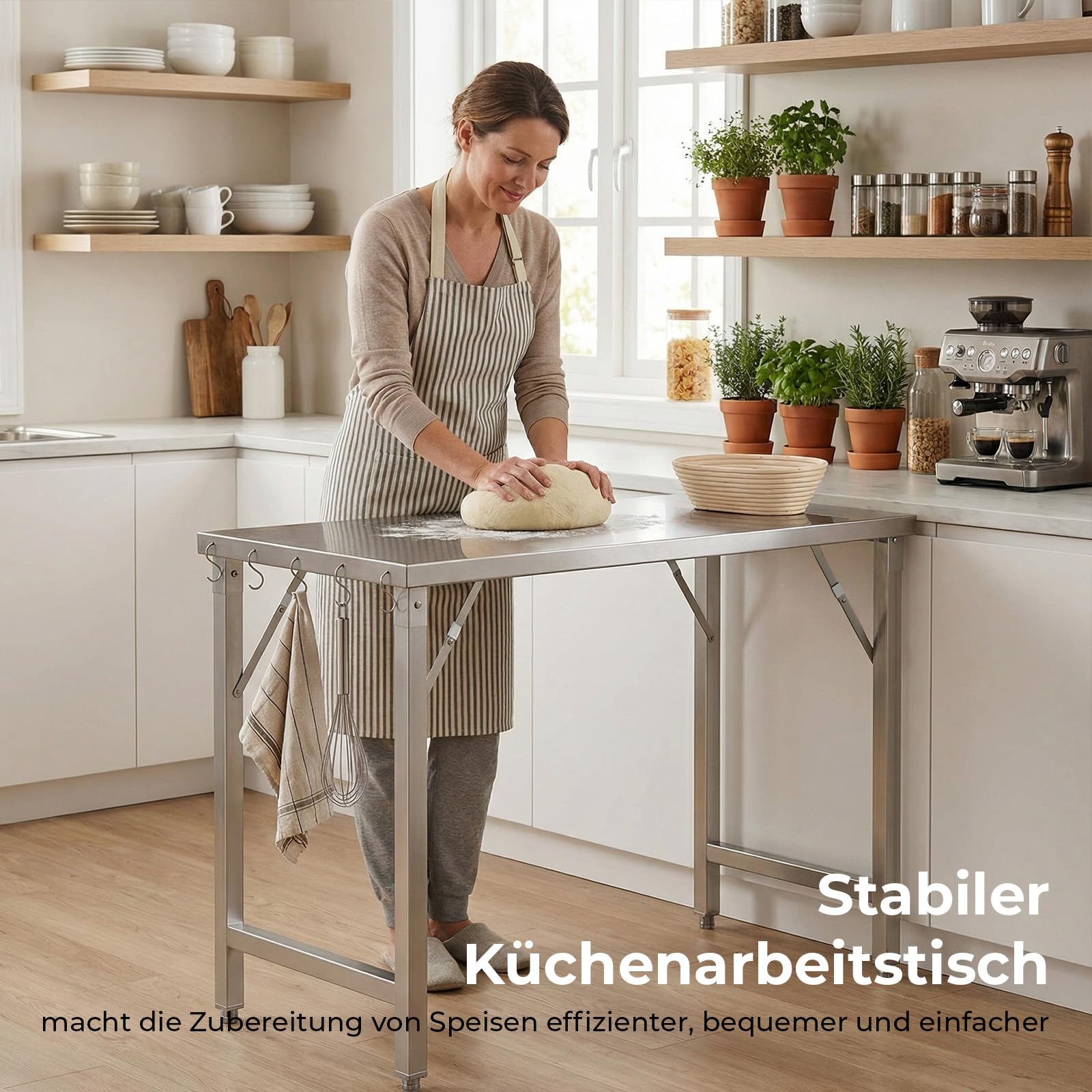TLSUNNY Edelstahl Arbeitstisch Klappbar 120x60 cm, Edelstahl Klapptisch Outdoor mit 5 Haken, Höhenverstellbare Füße, Tragkraft 250kg, Gastro Küchentisch Grilltisch, Zubereitungstisch, Tisch für Küche