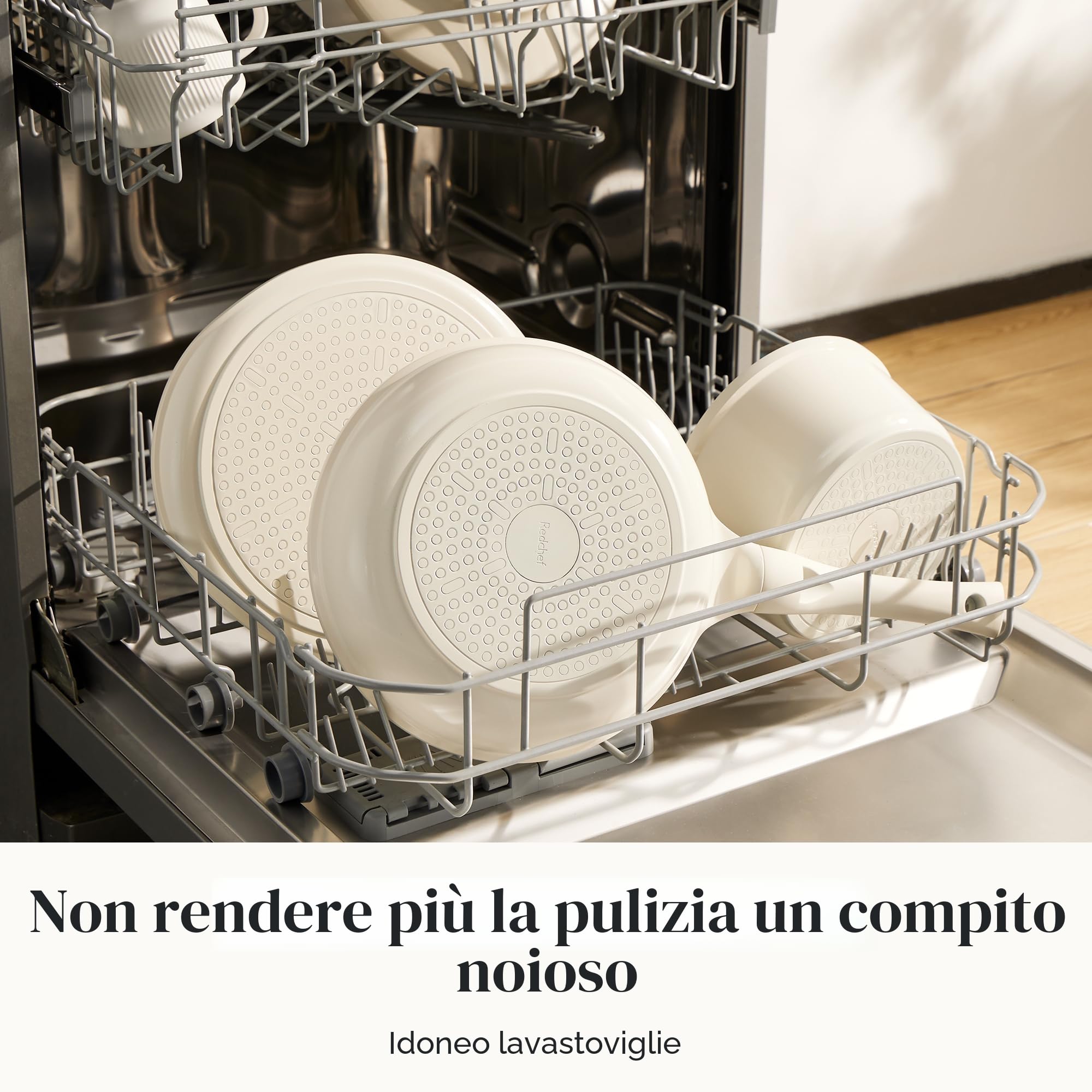Redchef Set di 11 pentole in ceramica con coperchio in vetro - Senza PTFE - Senza PFAS - Adatto a tutti i tipi di piano cottura - Lavabile in lavastoviglie (beige)