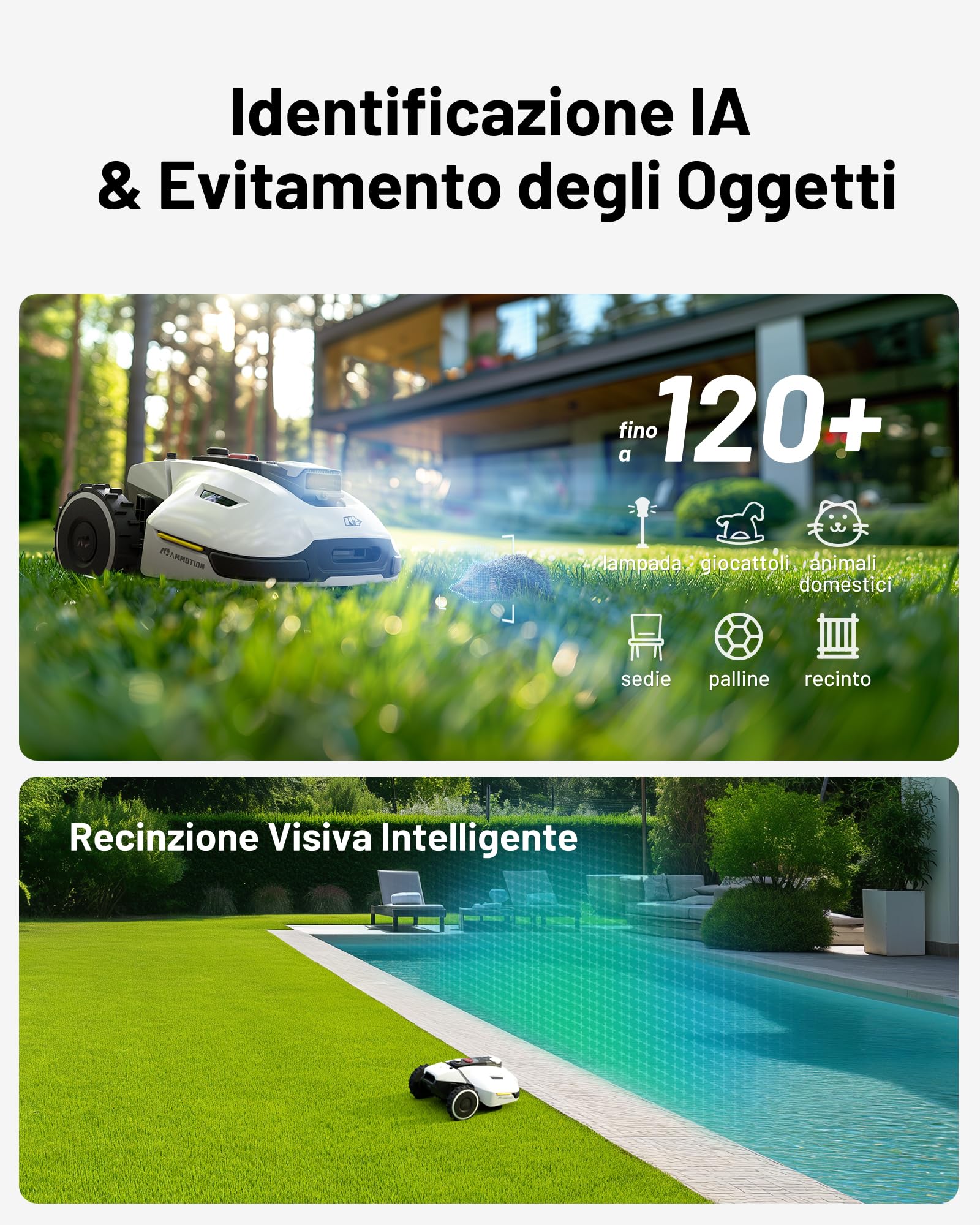 MAMMOTION YUKA 2000 Robot Tagliaerba Senza Filo Perimetrale, Consigliato 2000m², Max. 2400m², 3D AI Vision Auto-Mappaturae, 45% Pendenze, Altezza Taglio 20-90mm Larghezza Taglio 320mm, con Modulo 4G
