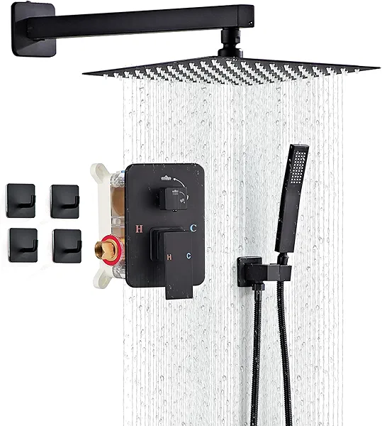LCEVCGK Shower Faucet Set, Matte Black Rainfall Shower System Complete Wall Mounted for Bathroom with 10 Inch Square Shower Head and Handheld Shower Head Rain Mixer Combo Set