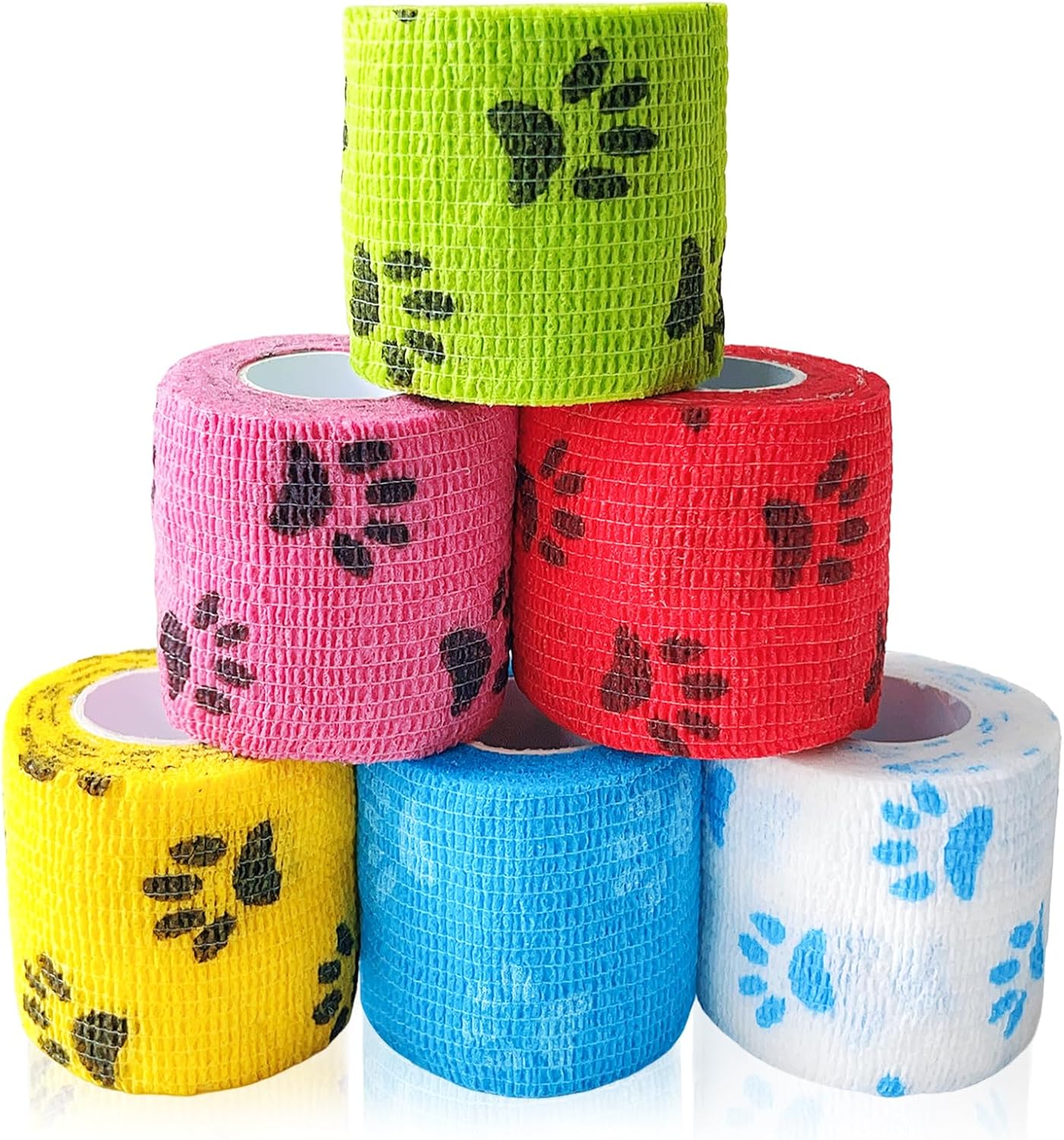 6 Pack 2 Inch x 5 Yards Paw Print Pet Vet Wrap for Dogs, Cats, Horses, Colorful Non-Woven Self-Adhesive Cohesive Bandage Rolls Set for Wound Care, Ankle Sprains, Swelling, and First Aid Protection
