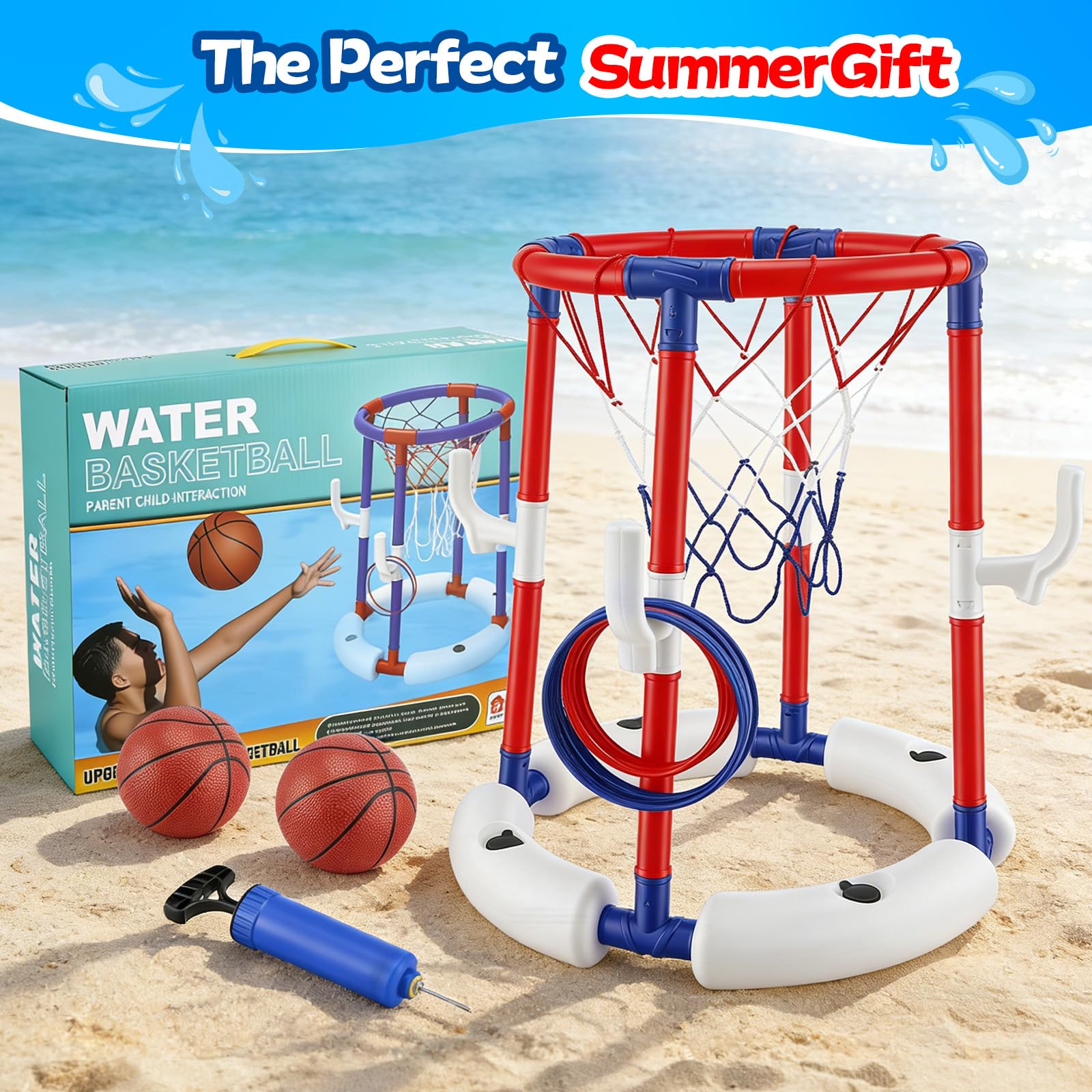 Canestro da Basket per Piscina Galleggiante Set con 4 Palline Gonfiabili e 12 Anelli da Lancio, Giochi Piscina Bambini, Struttura Stabile e Sicura, Gioco Acqua Estate per Famiglie, Ragazzi e Adulti