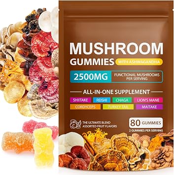 Mushroom Gummies for Adults, 10 Mushroom Blend with Ashwagandha, Vegan Pectin, Gluten-Free, Natural Raspberry Flavor, 80 Count