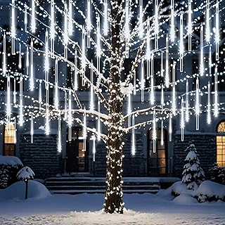 Meteor Shower Lights Outdoor Christmas Lights 24-Tube 576LEDs Snow Falling Rain Cascading Icicle String Light for Xmas Tree Christmas Decorations Wedding Party Holiday Yard Garden Decor, UL Plug White