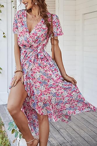 Miniatura 5 de PRETTYGARDEN - Vestido floral para mujer estilo bohemio, cruzado, con cuello en V, manga corta, con cinturón, dobladillo con volantes, acampanado