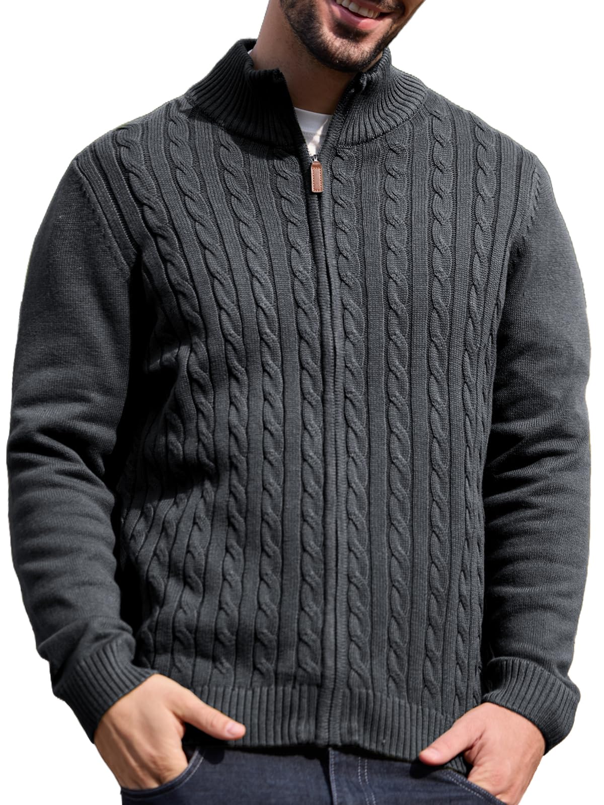 Pull Tricot Câblé à Col Debout en maille de coton structurée premium - 7