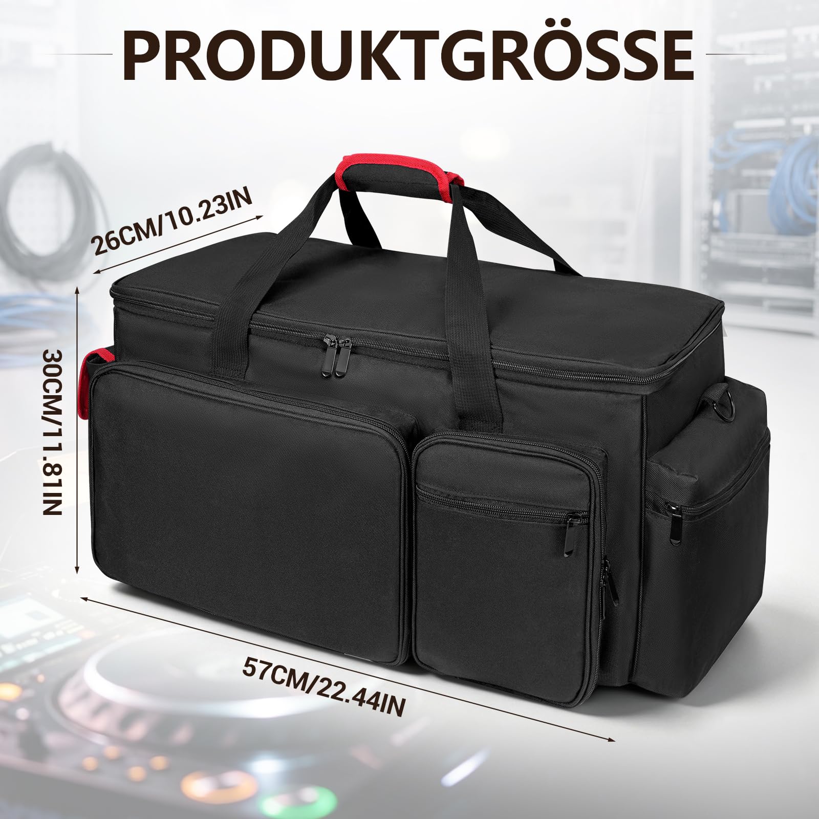 SUNDOY Organizador de equipos de audio, organizador de cables de DJ con 6 divisores ajustables, bolsa impermeable para micrófonos, cables, mesa de mezcla, portátil y accesorios de audio, Negro , L