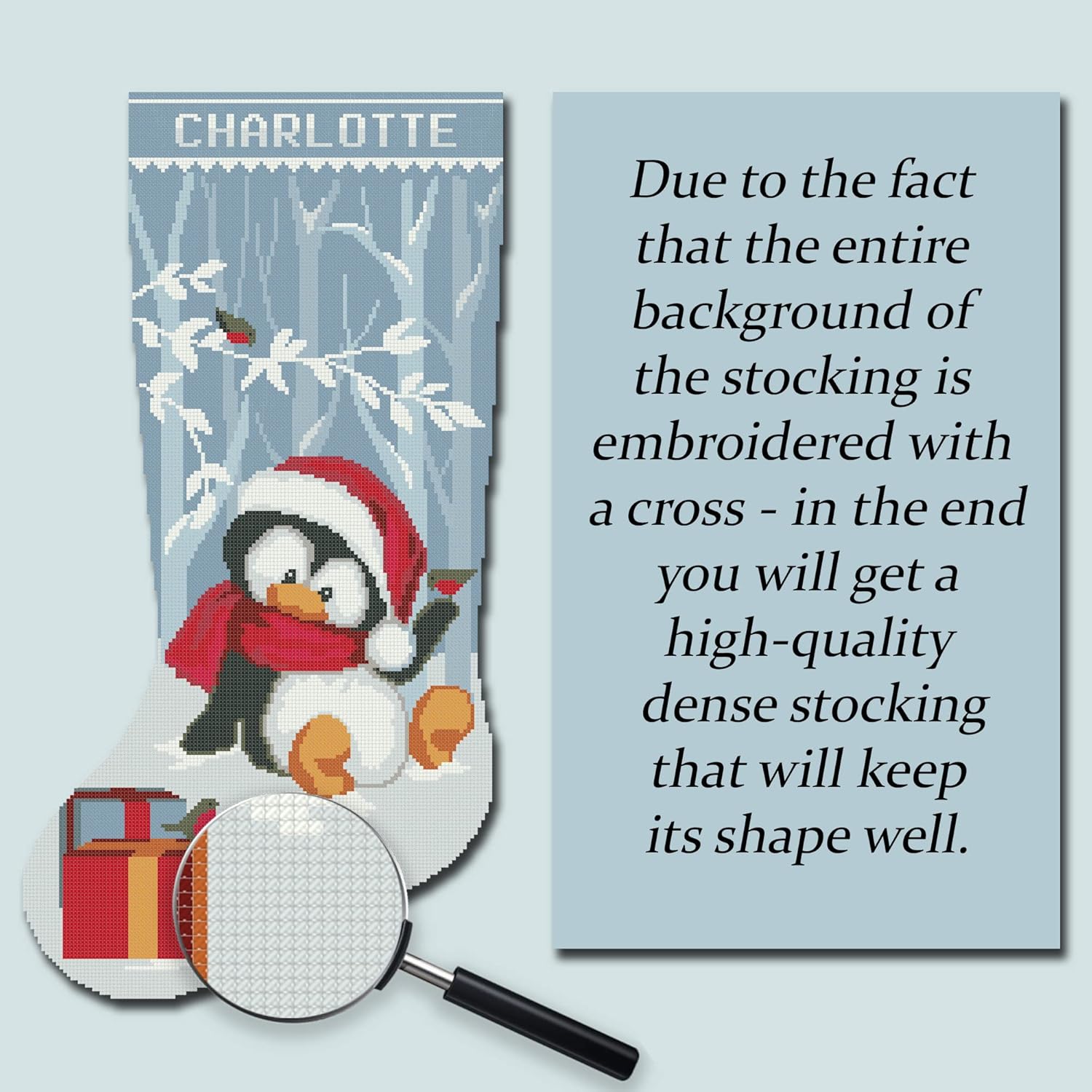Cross Stitch Kits for Adults Stamped Personalized Christmas Stockings, Cute Xmas Penguin, Needlepoint Counted Easy Simple Cross-Stitch Patterns for Beginners, Embroidery Kit for Holiday Home Decor DIY
