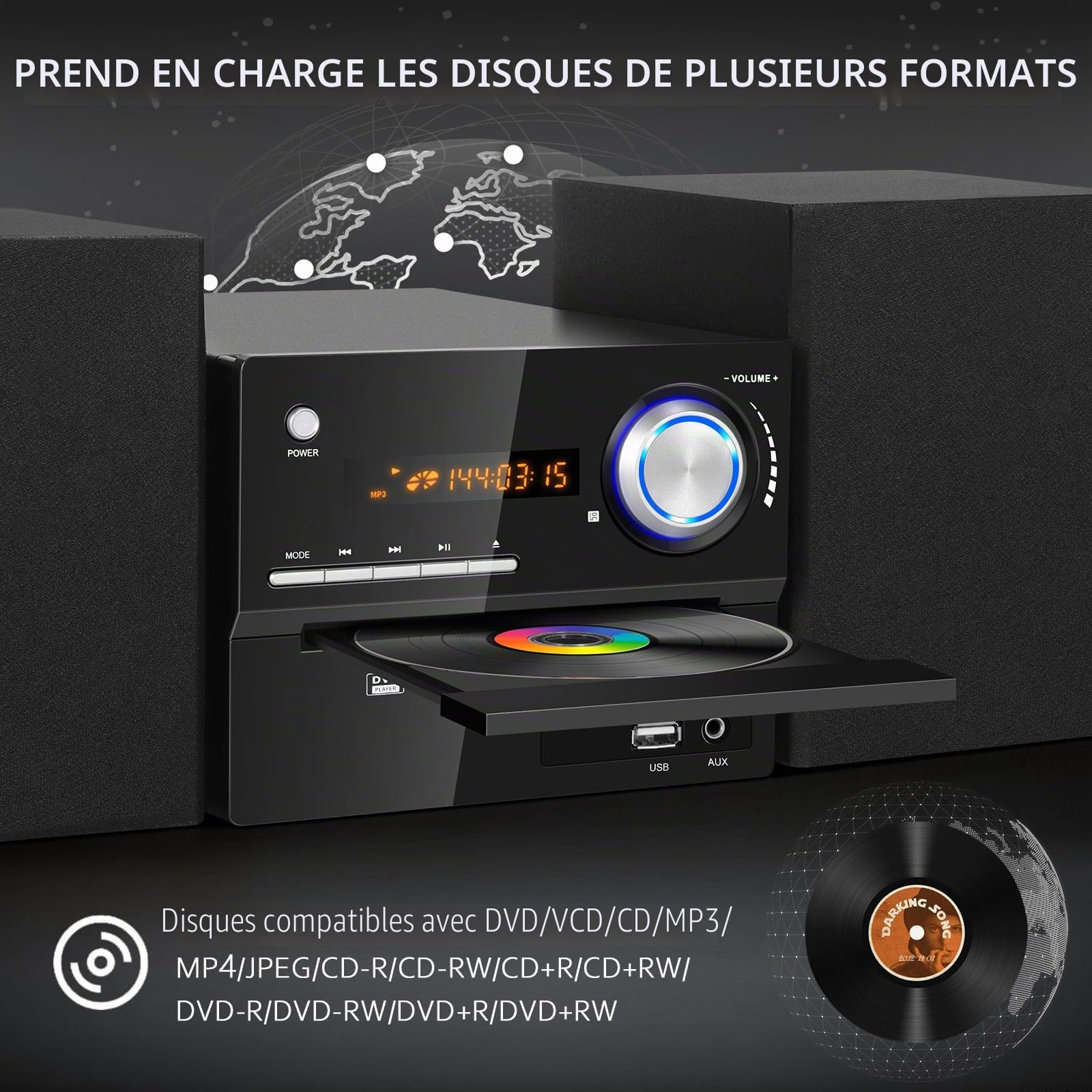 Mini Chaîne HiFi CD, Micro Chaînes Hi-FI Stéréo 30W, Micro-Système Audio Bluetooth, Radio FM, Lecteur CD/DVD Stereo, Entrée Auxiliaire, Lecture USB et Sortie RCA, Design Élégant Adapté pour la Maison