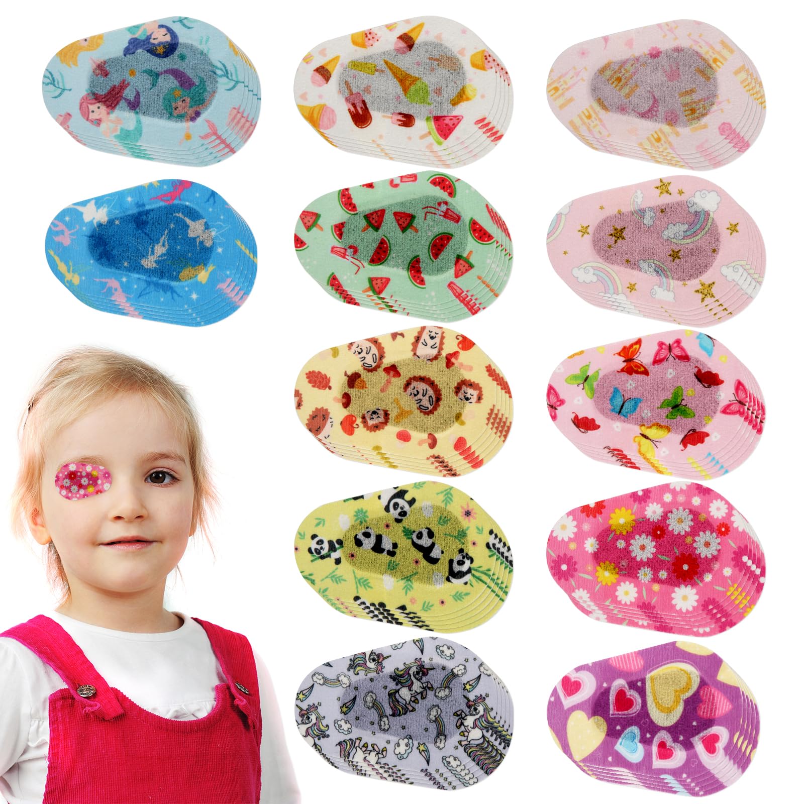 60 Piezas Parches Oculares para Niños, 5x7,5 cm Adhesivo Vendaje de Parche Ocular Suave Máscara para Ojos Que Bloquea la Luz Transpirable Parche Ocular de Tela Regalo para Niños (12 Estilos)