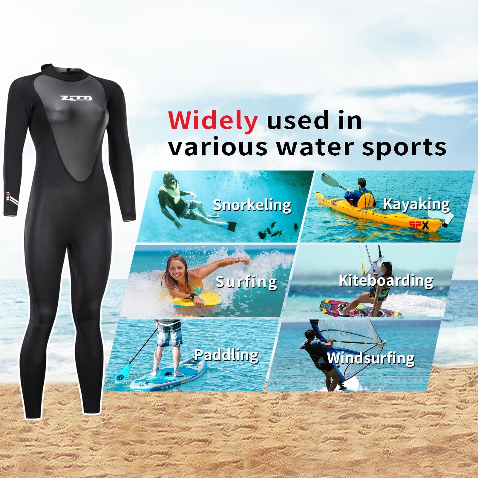 Combinaison en néoprène pour homme et femme - Manches longues - 3 mm - Avec fermeture éclair dans le dos - Pour la pêche au lancer, le surf, la plongée en apnée, le canoë, la plongée
