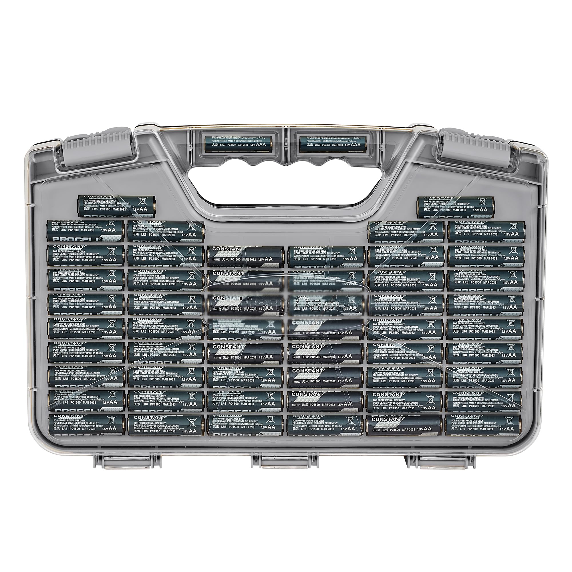 Ontel Battery Daddy - Custodia organizer per batterie con tester, conserva e protegge fino a 180 batterie, coperchio trasparente di chiusura, come visto in TV, grigio caldo