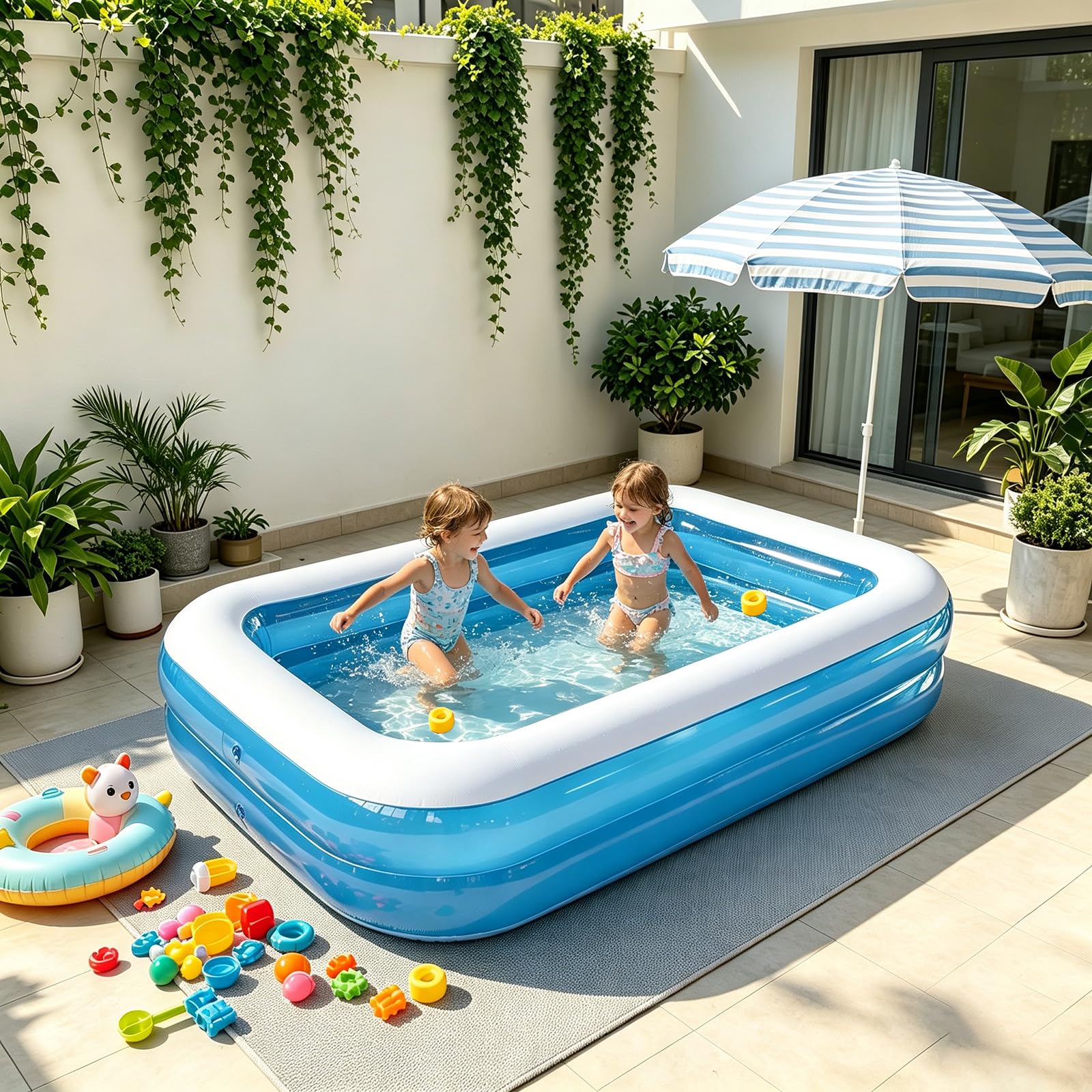 Piscine Gonflable, Piscine Gonflable Familiale Rectangulaire, 200x150x50cm, Anti-éclatement, Spacieuse, pour Jardin, Terrasse et Moments de Fraîcheur