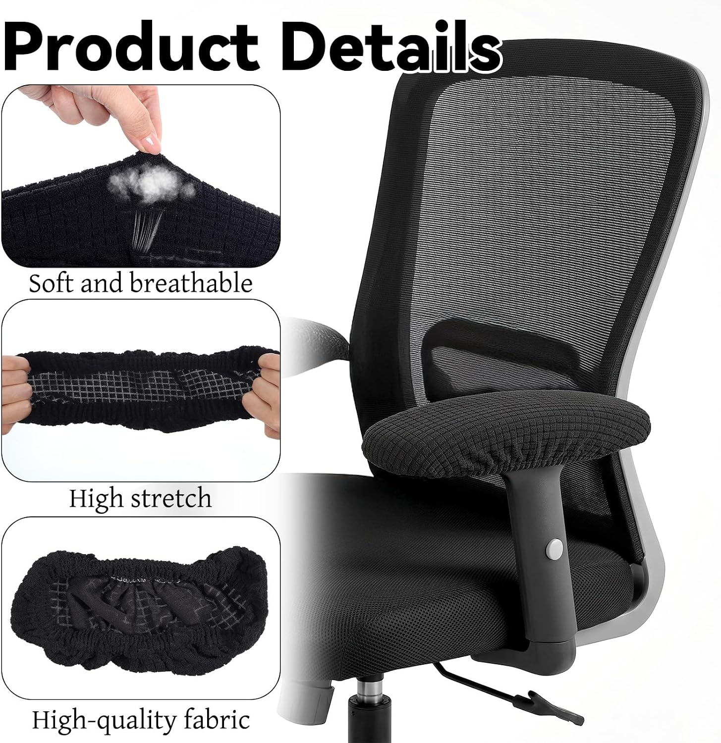 2Pcs Office Chair Armrest Covers, Removable Chair Arm Covers Stretch Armrest Protectors Universal Elastic Band Short Computer Chairs Arm Cover for Desk Chairs Black