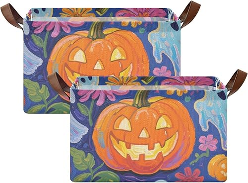 Miniatura 2 de KLL Halloween Pumpkins and Ghosts with Flowers Large Storage Baskets Fabric Storage Bins with Handles Foldable Boxes for Home, Office,Closet,