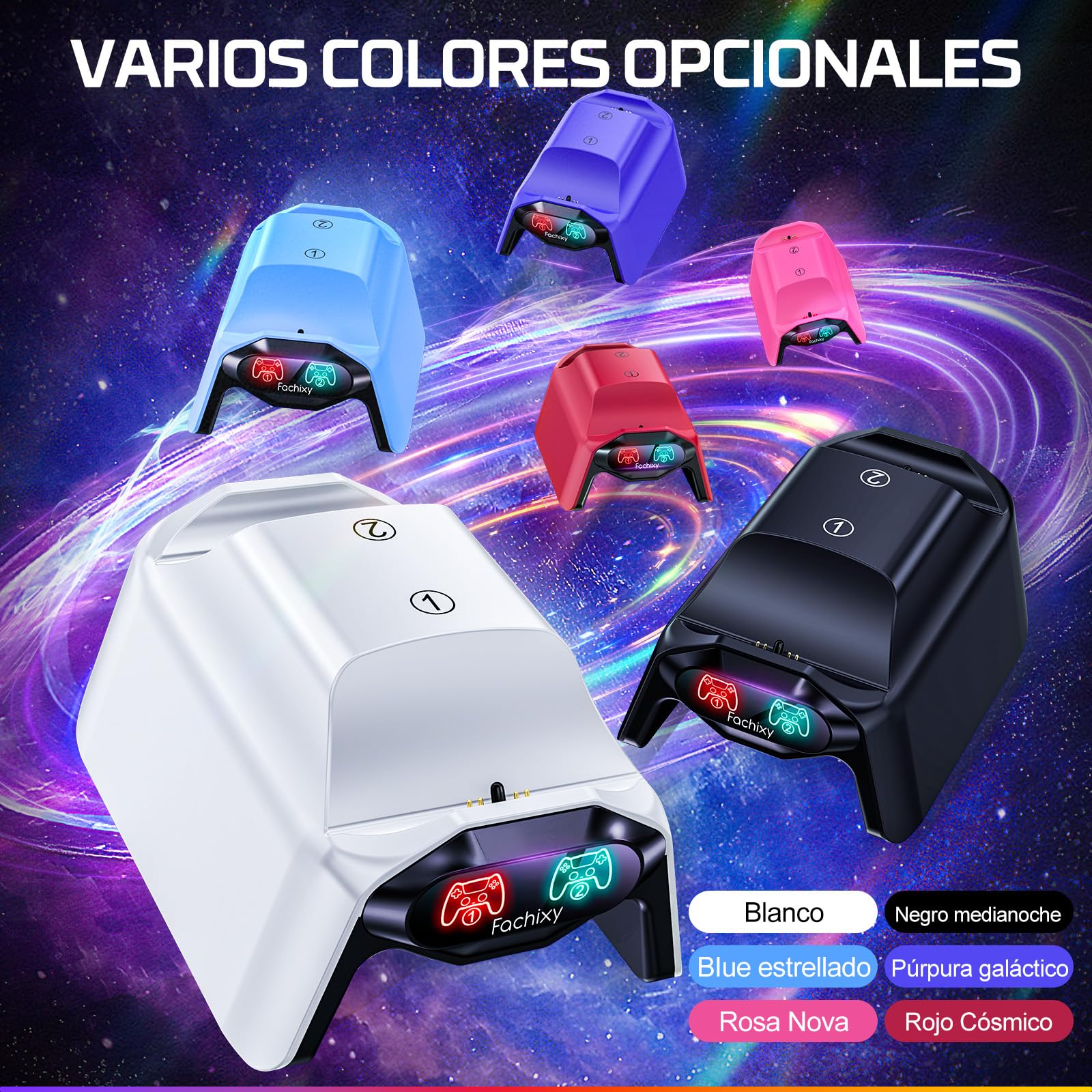 Fachixy Cargador de Controlador para PS5, Base de Carga rápida de 2 Horas para PS5 DualSense, estación de Carga con enchufes y Cables Individuales, con indicador LED